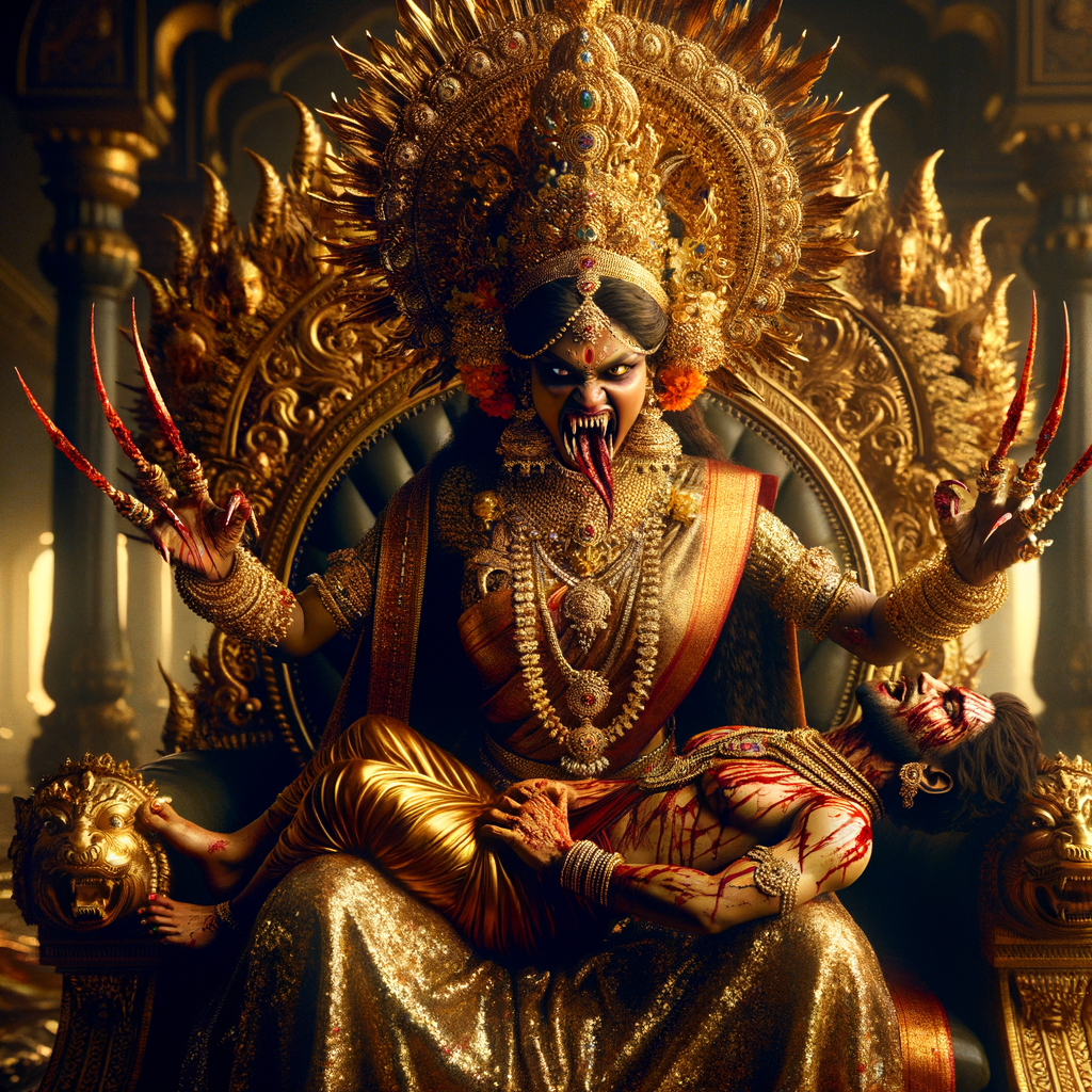 portrait of angry looking indian goddess sitting on a gold crown and carrying a weak mahishasur on her lap and poking him with her amazingly long red fingernails. She is wearing gold armor, a huge gold crown, gold saree, abundant  gold jewelry, covered in blood. The scene is set in ancient India. The image is 8K resolution, cinematic, photography, ultra detailed face and epic.