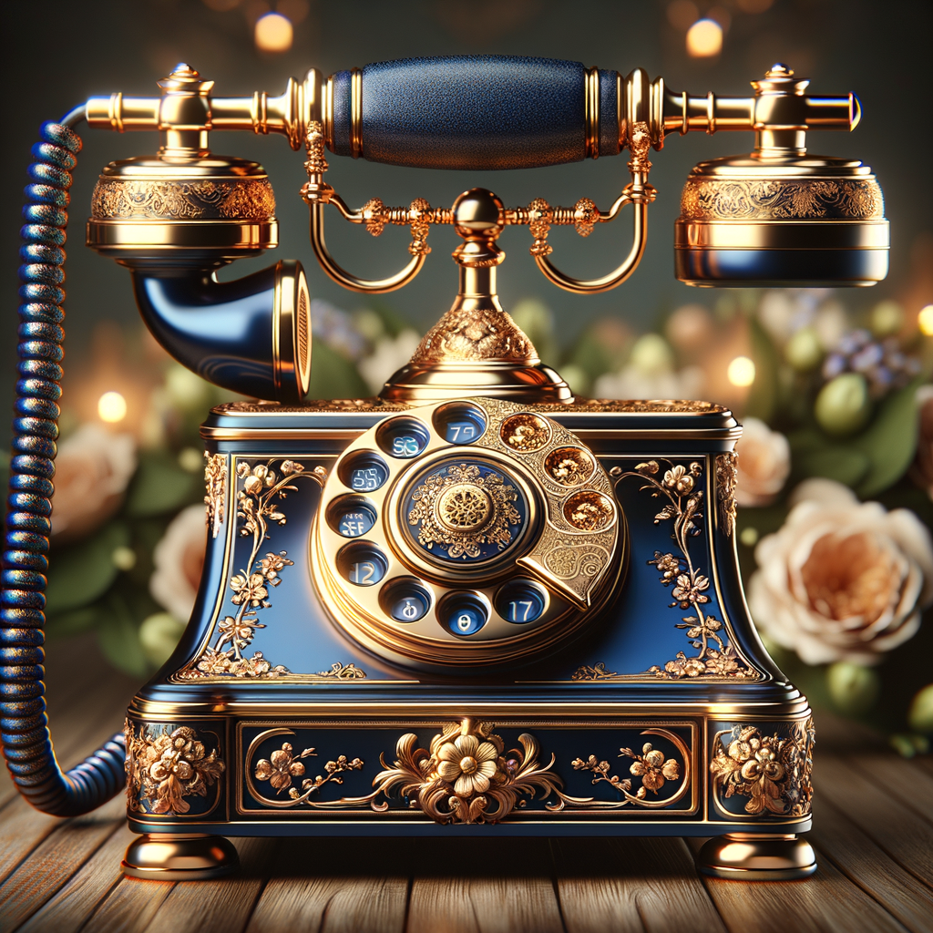 Create an image of an ornate vintage telephone with a sophisticated design, combining royal blue and gold colors. The body and receiver of the phone should be a deep, lustrous blue, with intricate gold embellishments and floral patterns etched into the metal. The circular dial is also detailed with gold accents. The coiled cord should be a matching blue. In the background, soft-focus, elegant flowers add a natural and aesthetic touch, complementing the phone’s luxurious look. There should be no text or watermarks present.