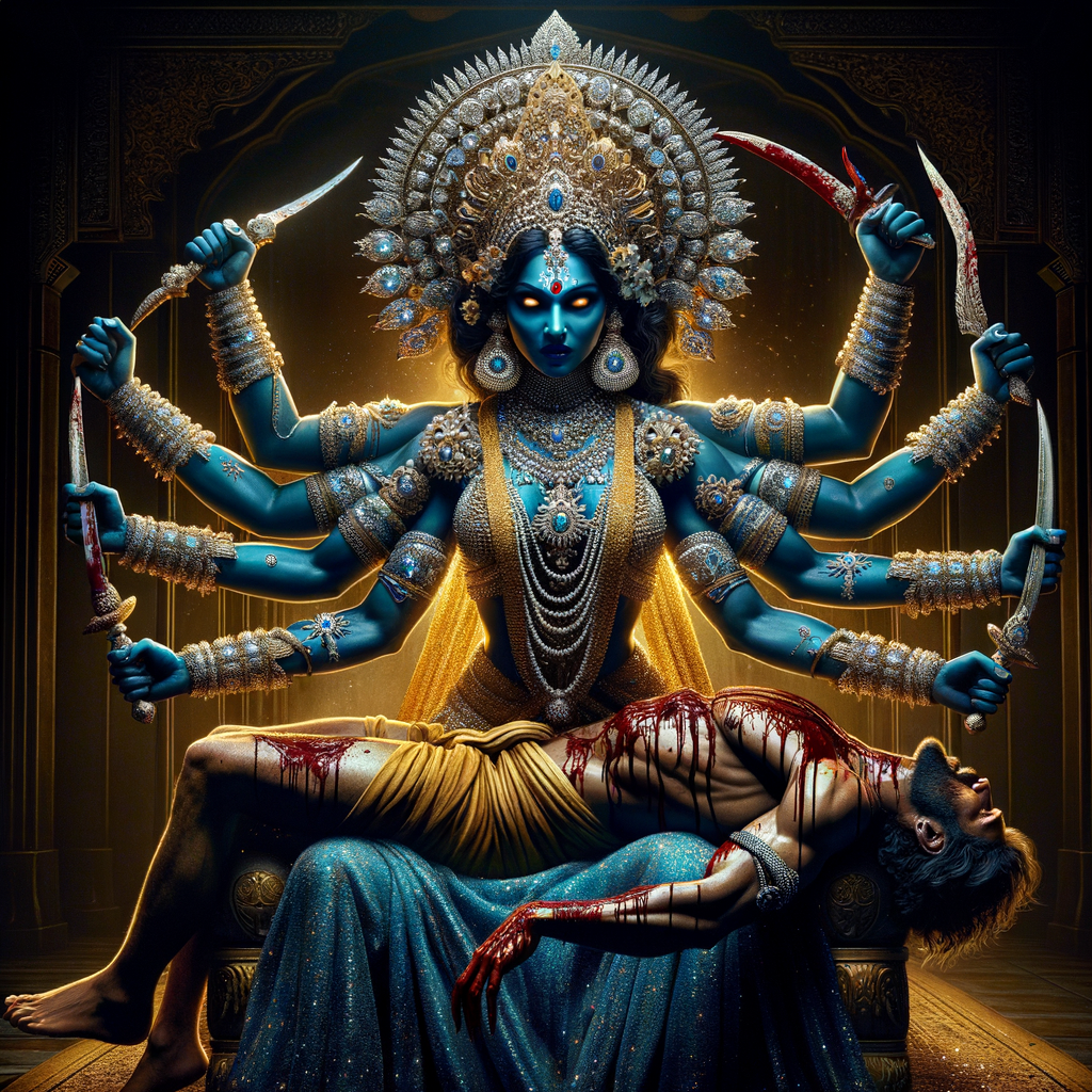 portrait of angry looking, four-armed indian goddess blue skinned sitting on a gold crown and carrying a weak mahishasur on her lap and poking his abdomen with her amazingly long red fingernails . She is wearing diamond armor, a huge diamond crown, black saree, abundant  diamond jewelry, covered in blood. The scene is set in ancient India. The image is 8K resolution, cinematic, photography, ultra detailed face and epic.