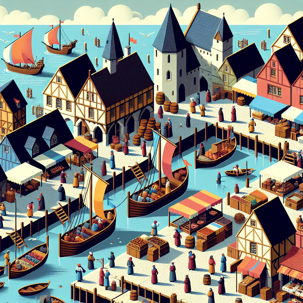 A lively medieval port village with an isometric view of the docks, several thatched-roof houses perched near the water, and townsfolk loading barrels onto a ship. The village’s market square is bustling with activity—fishmongers, bakers, and cloth merchants display their goods under colorful awnings. In the background, a small chapel and watchtower overlook the vibrant scene