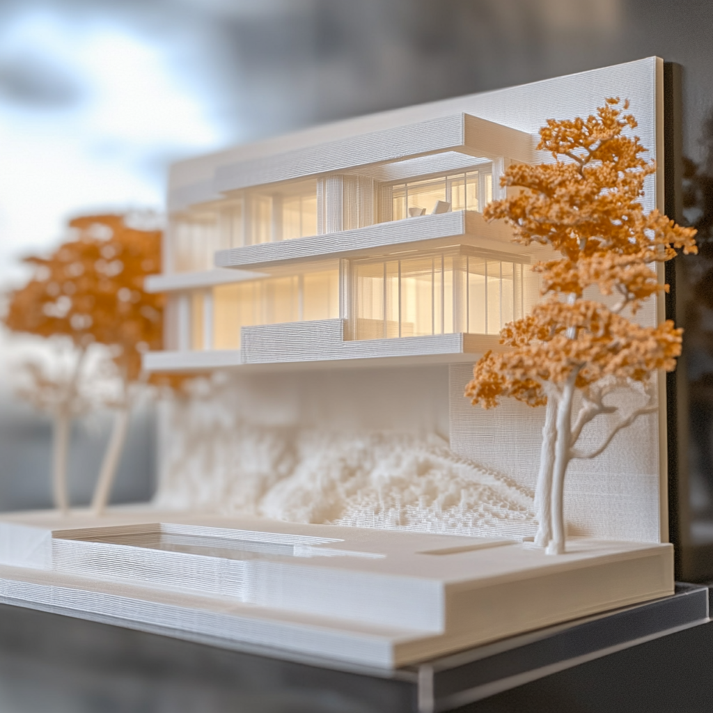 3D printed scale model of a modern house being displayed as art on a wall