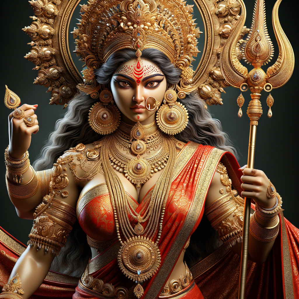 Portrait of goddess durga with athletic body, big breasts, red saree, holding trident, gold jewelry all over body, huge gold crown, photography, ultra detailed face, UHD, 8K