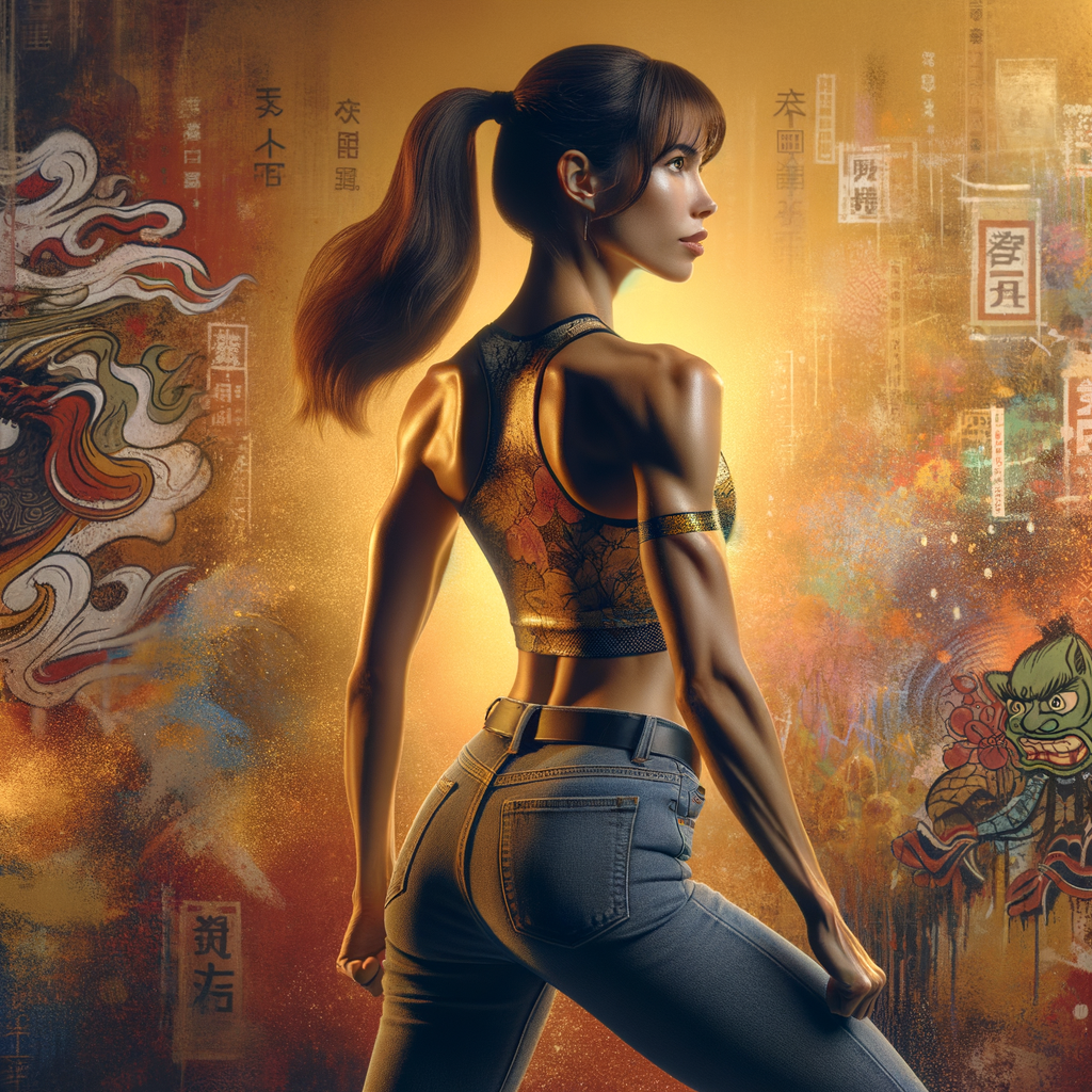 Athletic Thin skinny Attractive, Asian teenage girl, long brown hair and bangs, wearing tight skinny jeans and a halter top paint marks on her clothing, heroic pose Asian graffiti background, backside view