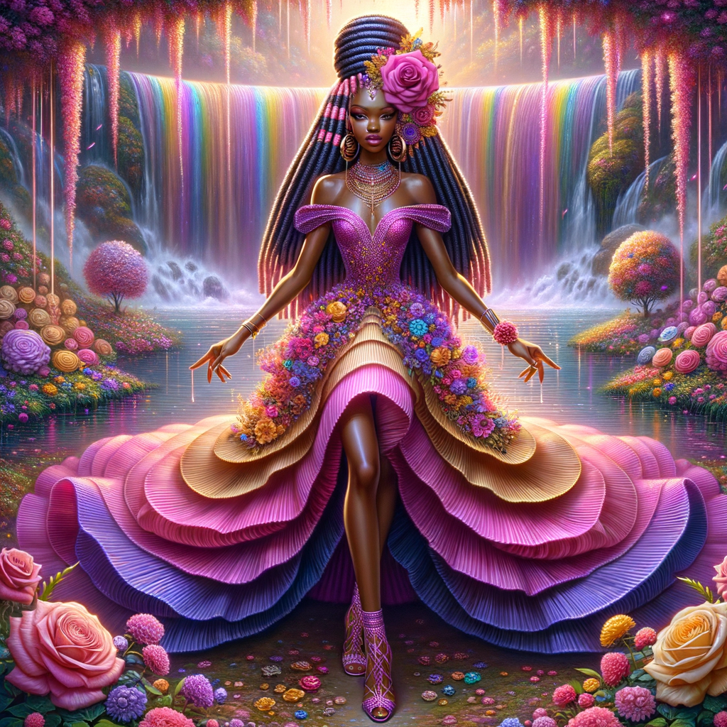 Remix Prompt
S/O Jackie Torres
S/O Panda Locke

create a animated style hyper realistic airbrush whimsical oil painting of a light African American woman wearing a flawless beautiful purple, pink, and gold blossom dress long flowing with colorful flowers and ruffles on the dress colorful jewelry made of flowers she has long black dreadlocks in a bun a colorful rose in her hair her peep toe shoes is matching her dress behind her is a beautiful waterfall liquid glowing lights beautiful colorful rainbow surrounded by beautiful roses.