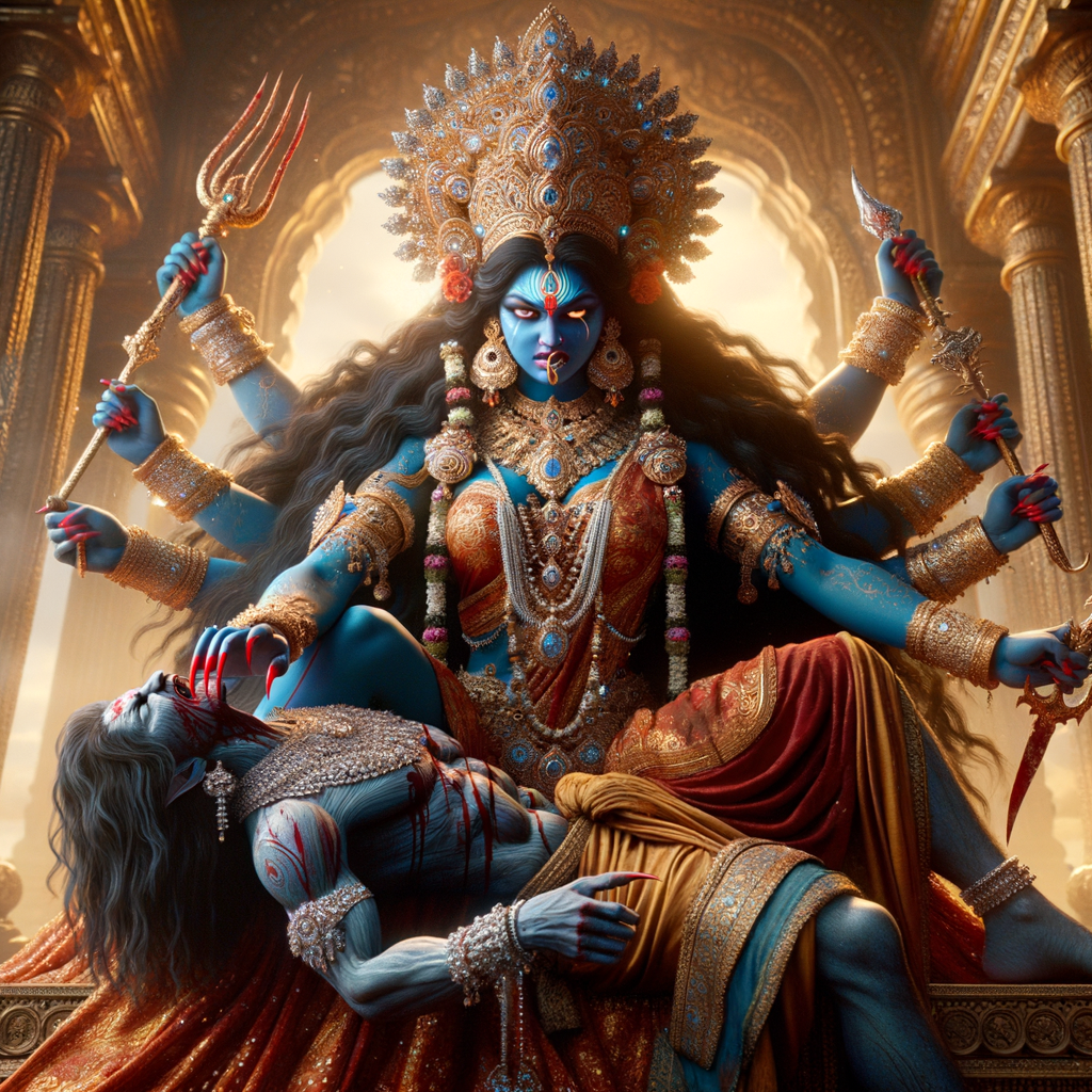 portrait of extremly angry looking goddess kali, blue skinned, sitting on a gold crown and carrying a weak mahishasur on her lap and stabbing him with her amazing red finger nails. She is wearing diamond armor, a huge diamond crown, red saree, abundant diamond jewelry, covered in blood. The scene is set in ancient India. The image is 8K resolution, cinematic, ultra detailed face and epic.