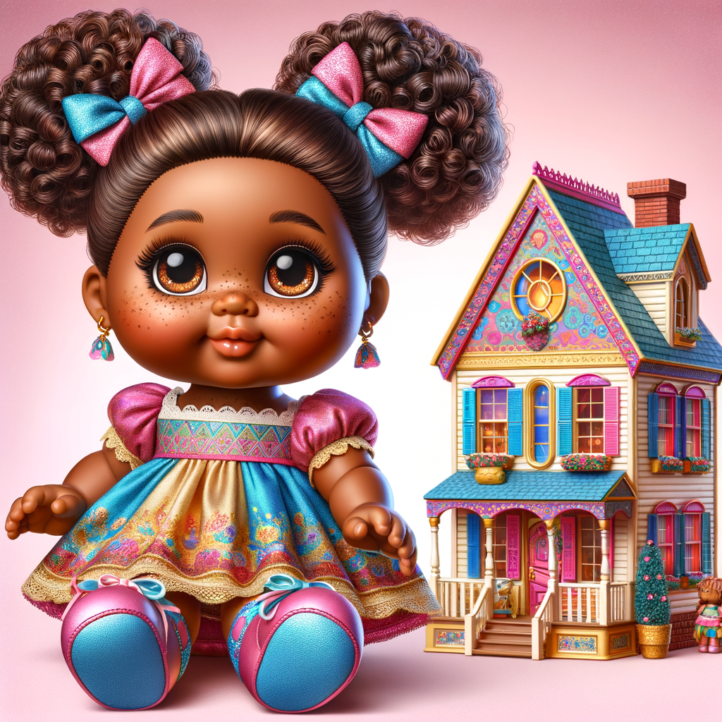 Design a 3-D realistic original African-American Cabbage Patch doll. She has on a blue pink and gold dress with matching booties. She has pink and blue bows in her hair. she lives inside of a colorful dollhouse. She has freckles and big dimples.