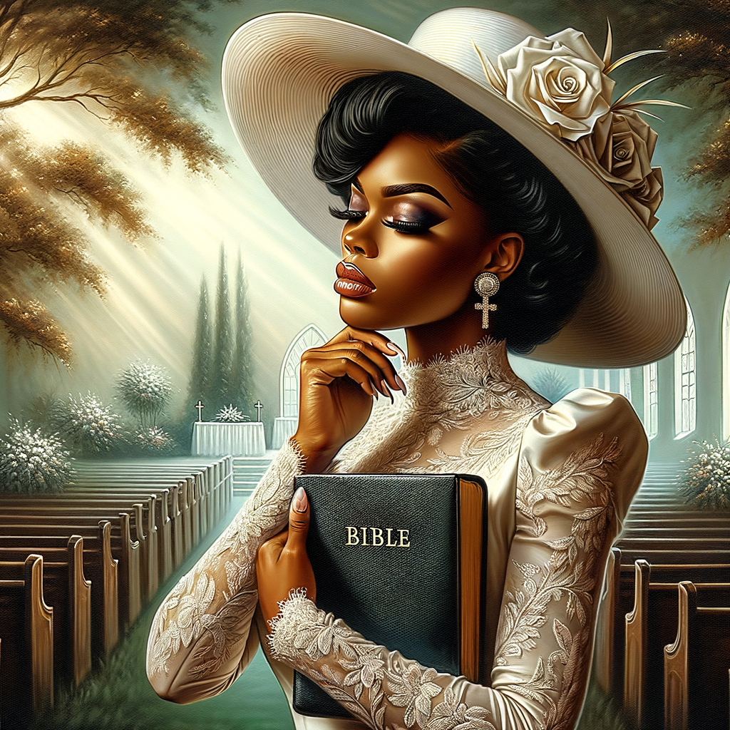 Render an airbrush oil painting of an African American woman with flawless makeup in a
contemplative pose, holding a Bible close to her heart, dressed in an elegant Sunday Best
outfit with a distinctive Church Hat. The background features a peaceful church garden,
with light filtering through the trees, highlighting her spiritual connection and the personal
moment of reflection. The artwork should capture the tranquility of the scene, the beauty
of her attire, and the depth of her contemplation, reflecting a serene and spiritually