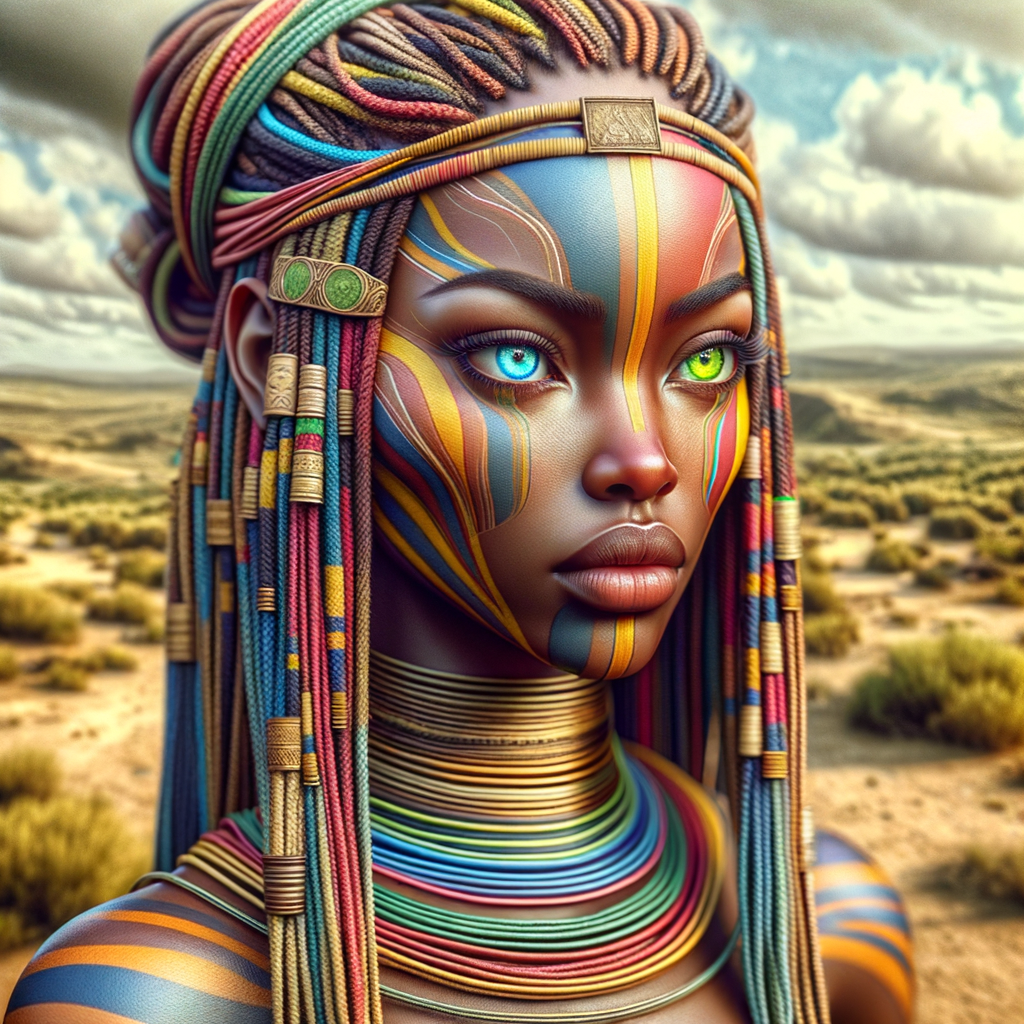 ancient landscape Ancient warrior woman Slimthick African American pretty face flawless skin long colorful braids, plus edges, fluxus art vibrant colors one  blue eye one green eye. Ancient attire sandal's striped giraffe