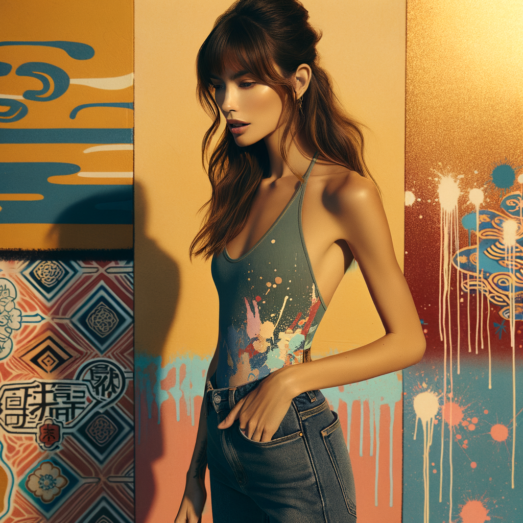 Athletic Thin skinny Attractive, Asian teenage girl, long brown hair and bangs, wearing tight skinny jeans and a halter top paint marks on her clothing, heroic pose Asian graffiti background, side view