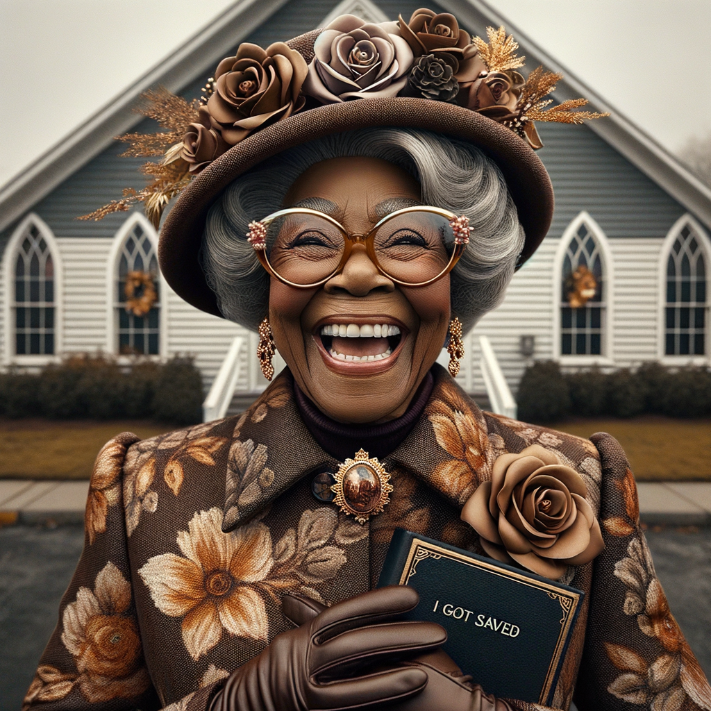 Create a 3-D realistic, elderly African-American woman stands in front of a quaint church, exuding joy with the biggest smile on her face. Her eyes are magnified by large, round glasses, and her gray hair is styled neatly beneath a stylish church hat adorned with roses and intricate golden details. She's dressed in an elegant jacket with a floral pattern in shades of brown and gold, complementing her hat. On her jacket, a prominent brooch adds a touch of sophistication. She holds a book titled "I Got Saved" in her gloved hands, showcasing her spiritual milestone with pride and delight.