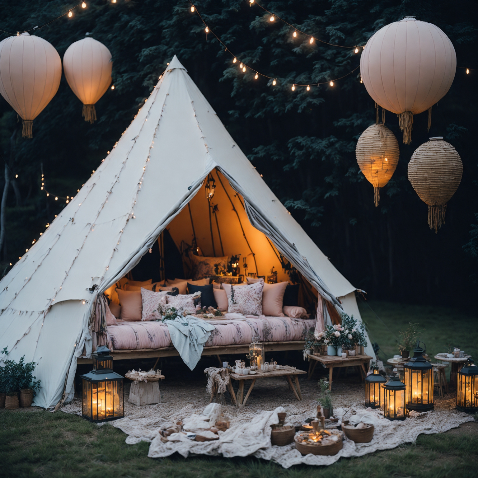 Plan a girls' birthday glamping event with a large bell tent embellished with beach-themed decor and celebratory birthday trimmings. Set up the tent in a picturesque farm location, including a snug outdoor lounge space and an inviting fire pit for warmth and ambiance.