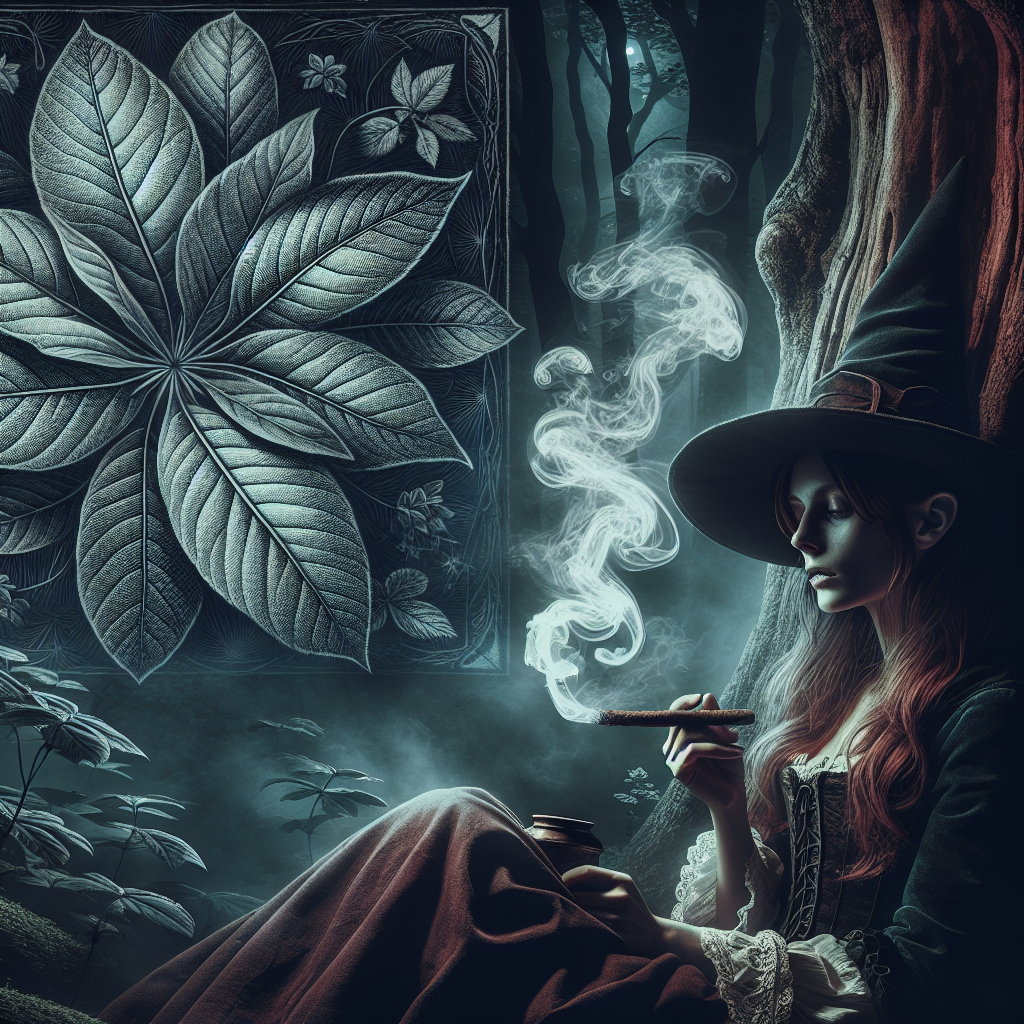 "In the heart of an enchanting forest glade, a mysterious sinister  witch reclines against an ancient tree, drawing fragrant, swirling smoke from a herbal cigar. The night air is calm, and the moonlight casts a gentle crimson glow around her, illuminating her serene expression. Behind her, the backdrop features a stylized illustration of a five-lobed plant leaf, crafted with delicate artistry. The scene balances a sense of mystical tranquility with the natural beauty of her woodland sanctuary." Close-up shot