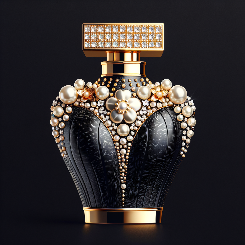 Design a fancy, black and gold bottle of perfume in the shape of a woman’s body. With a golden diamond top, flowers pearls and Diamonds in the name, Karen