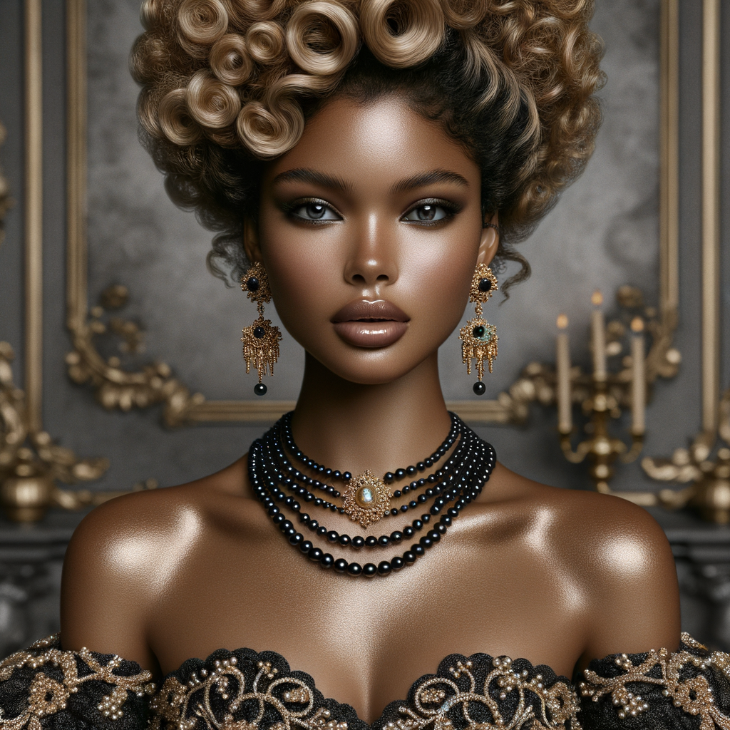 Imagine a digital portrait of a light skinned African-American Latino regal woman named KAREN Her attire and accessories are exclusively adorned with black and gold pearls. They grace her voluminous hair, styled in an elegant updo, where the black pearls form the roots and the gold pearls create the stunning curls. Her ears boast chandelier earrings, with black pearls clustered at the top, transitioning to gold pearls that dangle with delicate grace. Around her neck, a tiered necklace cascades with strands of alternating black and gold pearls, reflecting a sophisticated contrast.

Her shoulders are draped with a luxurious off-shoulder gown, the fabric's weave incorporating intricate patterns formed by black and gold pearls. The gown's texture has a subtle sheen, suggesting a high-quality material with a pearlescent finish. As a centerpiece, a grand brooch sits at her collar, with a large gold pearl surrounded by an elaborate design of smaller black pearls.

The background of the portrait features an abstract composition of floating pearls, swirling in a dance of shadows and light, emphasizing the color theme of black and gold. The name "KAREN" is discreetly integrated into the lower right corner of the artwork, blending seamlessly with the design, as if it were a signature part of the jewelry ensemble. The overall effect is one of timeless elegance, a blend of modern design and classic beauty, all tied together by the luxurious palette of black and gold.