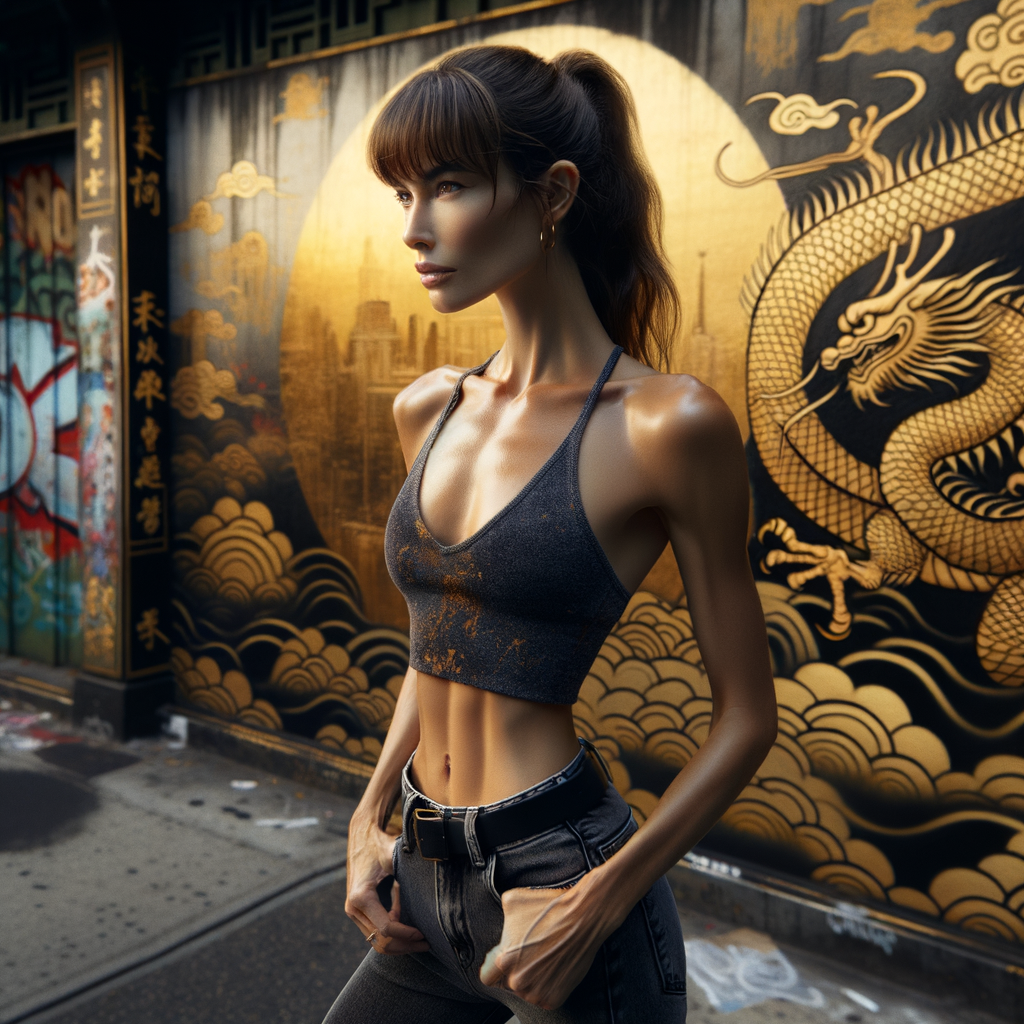 Athletic Thin skinny Attractive, Asian teenage girl, long brown hair and bangs, wearing tight skinny jeans and a halter top paint marks on her clothing, heroic pose Asian graffiti background, side view