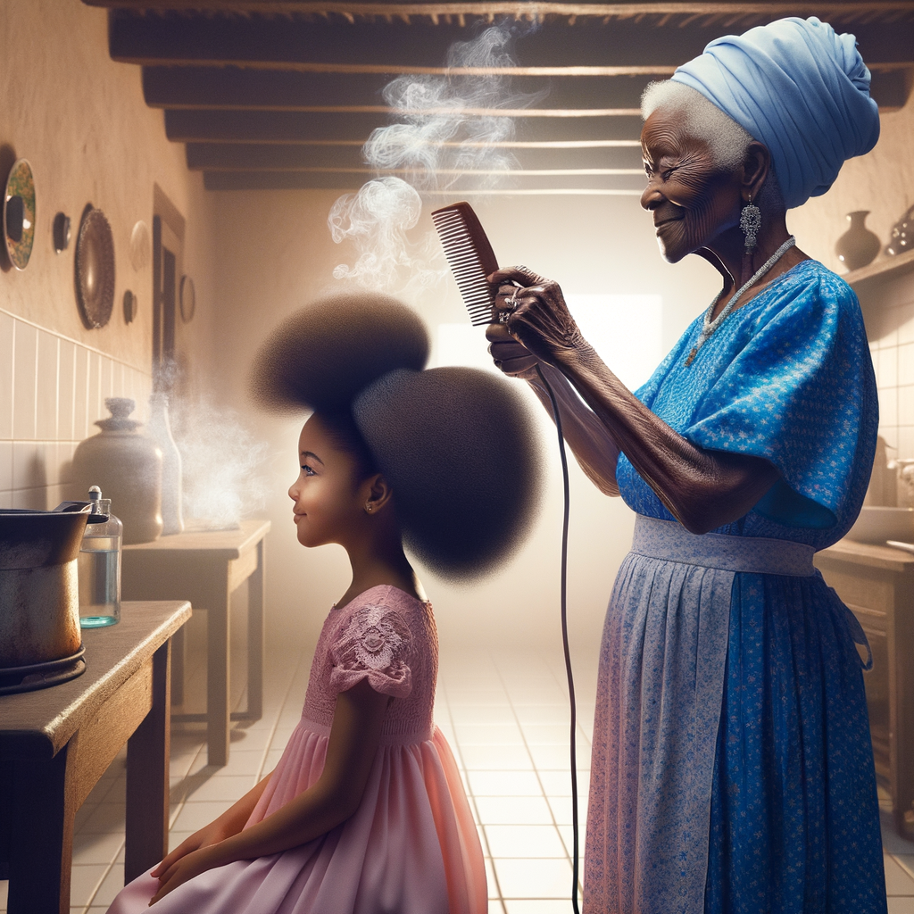 Create a realistic 3-D image of an african-American grandmother wearing a blue house dress. She is in the kitchen with her african-American granddaughter. Her granddaughter is wearing a pink dress The grandmother has a hot comb in her hand and she is straightening her granddaughters hair. One side of her granddaughters hair is in  a Afro the other straight 
There is smoke coming from the hot comb