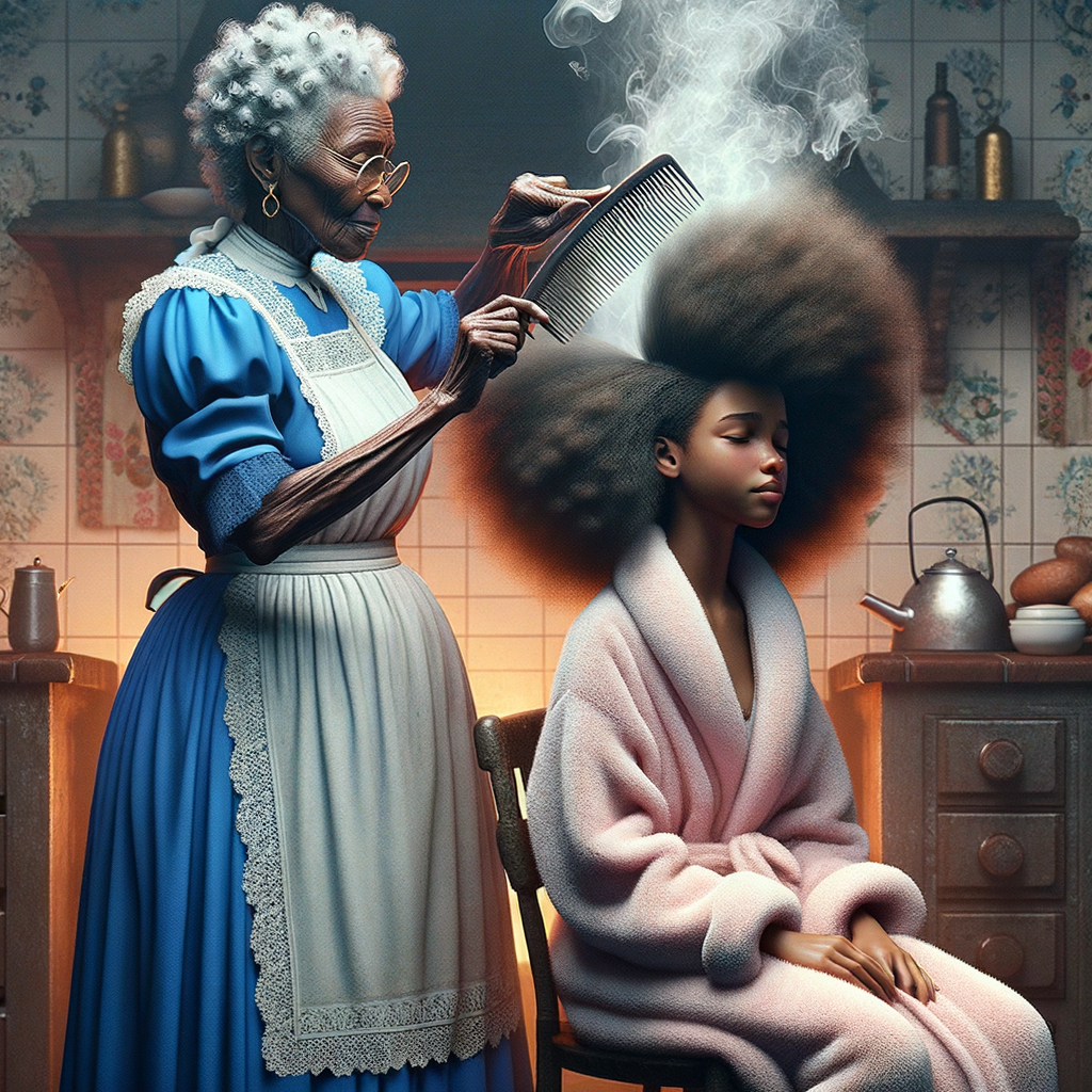 Create a realistic 3-D image of an african-American grandmother wearing a blue house dress and a white apron . She is in the kitchen with her african-American granddaughter. Her granddaughter is wearing a pink bath robe. The grandmother has a hot comb in her hand and she is straightening her granddaughters hair. One side of her granddaughters hair is in  a Afro the other straight 
There is smoke coming from the hot comb
The granddaughter is making a face