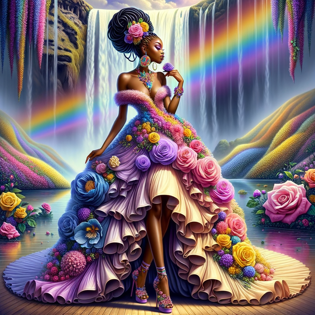 Remix Prompt
S/O Jackie Torres
S/O Panda Locke

create a animated style hyper realistic airbrush whimsical oil painting of a light African American woman wearing a flawless beautiful purple, pink, and gold blossom dress long flowing with colorful flowers and ruffles on the dress colorful jewelry made of flowers she has long black dreadlocks in a bun a colorful rose in her hair her peep toe shoes is matching her dress behind her is a beautiful waterfall liquid glowing lights beautiful colorful rainbow surrounded by beautiful roses.