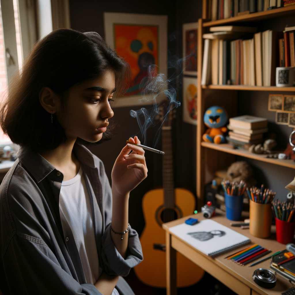 Schoolgirl smoking a cigarette in her bedroom.