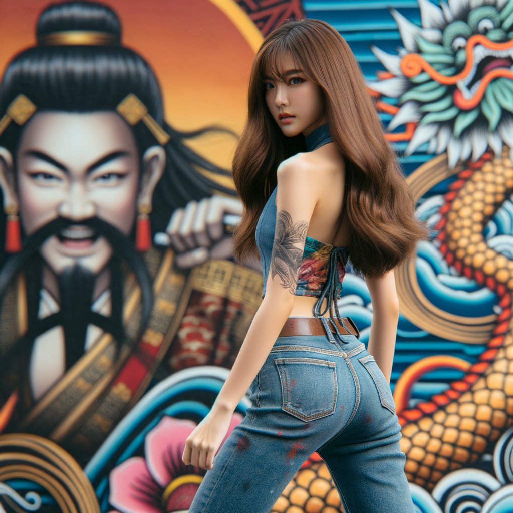 Attractive, Asian teenage girl, long brown hair and bangs, wearing tight skinny jeans and a halter top paint marks on her clothing, backside view heroic pose Asian graffiti