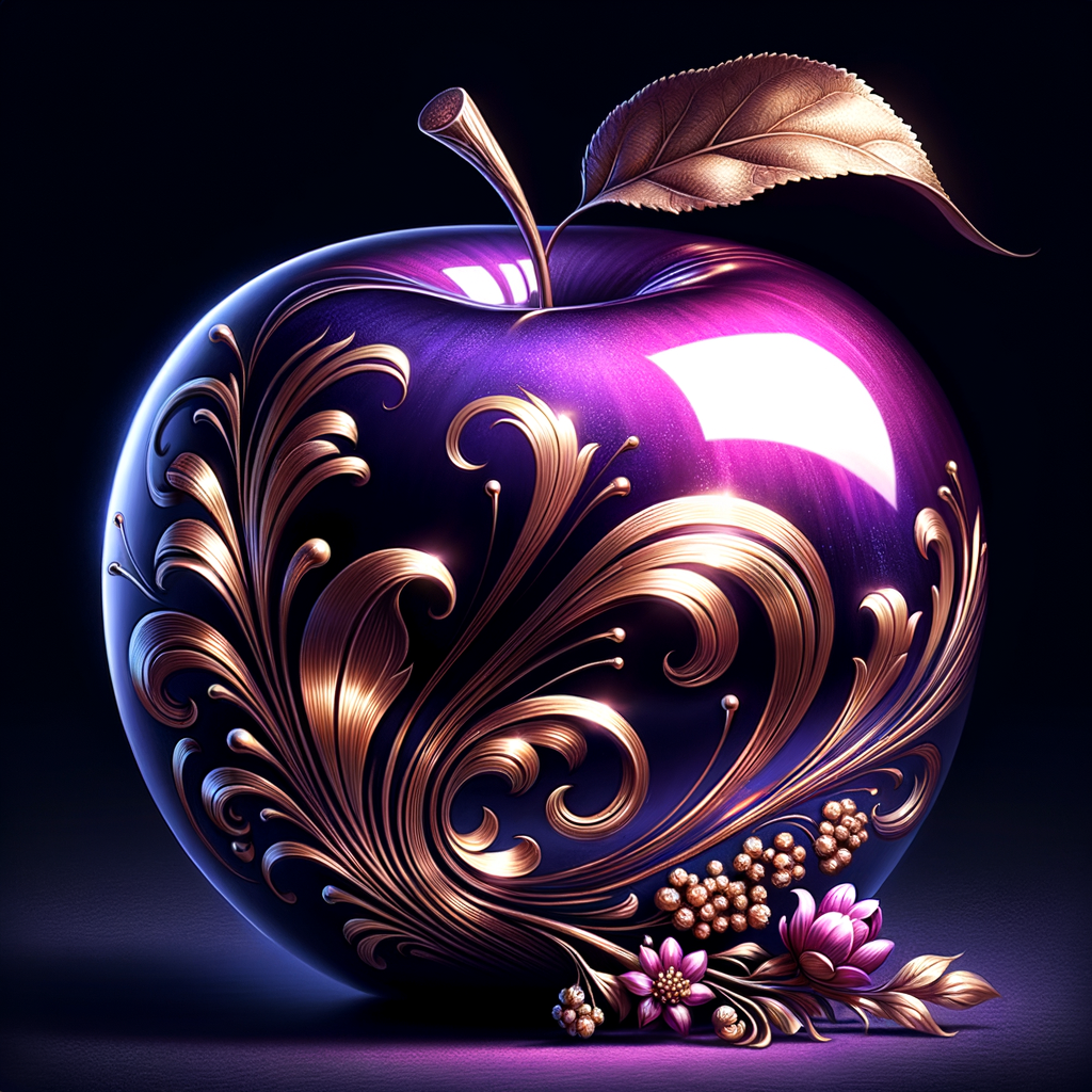 Envision a lustrous, oversized apple with a surface that gleams in a radiant shade of purple, as if lacquered to a high shine, reflecting light from its smooth, curvaceous form. The apple is adorned with elegant gold leaf patterns that swirl luxuriously around its contour, bringing a baroque opulence to its appearance. The stem, a bronzed sculpture in itself, supports a single leaf that seems to glow with an inner luminescence. At the apple’s base, a collection of flowers blooms, their petals softening the scene with organic shapes and colors that harmonize with the vibrant purple and gold. Incorporated into the metallic filigree in an artful script is the name "Karen," as if the apple were personally inscribed, enhancing the custom and bespoke quality of the piece.