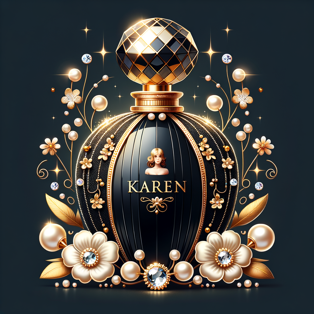 Design a fancy, black and gold bottle of perfume in the shape of a woman’s body. With a golden diamond top, flowers pearls and Diamonds in the name, Karen