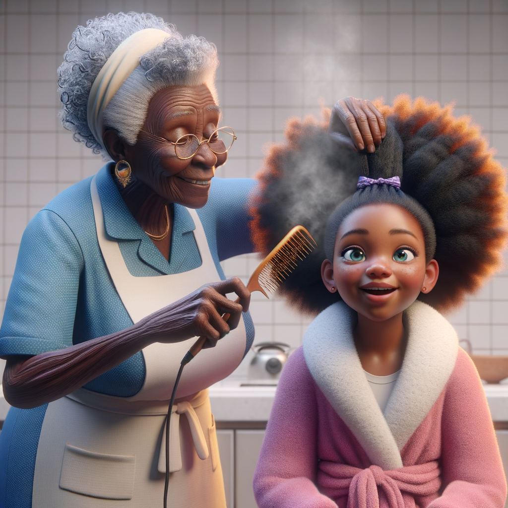 Create a realistic 3-D image of an african-American grandmother wearing a blue house dress and a white apron . She is in the kitchen with her african-American granddaughter. Her granddaughter is wearing a pink bath robe. The grandmother has a hot comb in her hand and she is straightening her granddaughters hair. One side of her granddaughters hair is in  a Afro the other straight 
There is smoke coming from the hot comb
The granddaughter is making a face