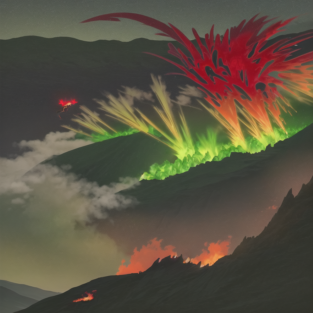 A red wyvern creating the ridge of a volcano. The volcano is spewing green lava and the wyvern is spitting green flames. The sky is brown and gray with smoke and ash, though green light is shining through.