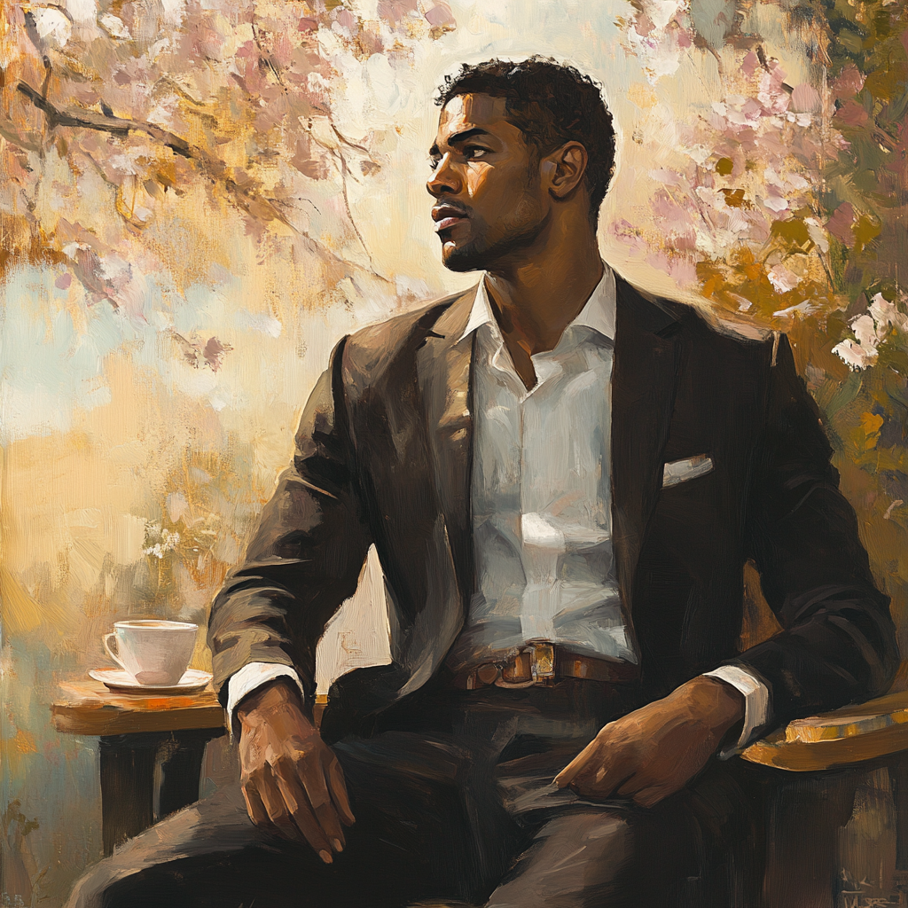 To create an image of a handsome African American male waiting on love, focus on conveying a sense of anticipation, introspection, and hope. Here’s a guide to bring this scene to life:

### Image Concept: Anticipation of Love

**Central Figure:**

1. **Appearance:**
   - Illustrate a well-dressed African American male with features that reflect his handsomeness and charm. Give him a neat hairstyle, such as natural curls or a stylish fade, and a confident yet relaxed demeanor.
   - Dress him in smart, modern attire that suggests he values appearance and is possibly waiting for a significant occasion or date.

2. **Expression and Body Language:**
   - Capture a thoughtful, contemplative expression as he gazes off into the distance or at something he holds dear, like a small token or a letter.
   - His posture should be relaxed yet alert, perhaps sitting or standing in a way that suggests he is patiently waiting.

**Setting and Background:**

1. **Environment:**
   - Set the scene in an inviting, warm environment like a cozy café, a park bench, or a stylish urban setting. Choose a place that feels intimate and suggests the possibility of connecting with someone.
   - Incorporate subtle elements like soft lighting, a cup of coffee, or a bench surrounded by blooming flowers to add a touch of romance and warmth.

2. **Artistic Elements:**
   - Use warm, rich colors to evoke a feeling of coziness and optimism. Consider utilizing bokeh effects or soft-focus backgrounds to emphasize the subject and his emotional state.
   - Include elements like a soft breeze or falling leaves to symbolize the passage of time and a sense of expectancy.

**Emotional Tone:**

- Convey a mood of hopefulness and readiness for love, reflecting both the longing and joyous anticipation of meeting someone special.
- Aim for a balanced depiction that highlights both the subject's inner world as he waits and the outer world awaiting him, suggesting a connection is on the horizon.

By focusing on these elements, the image will effectively portray the universal theme of waiting for love in a visually and emotionally engaging manner.