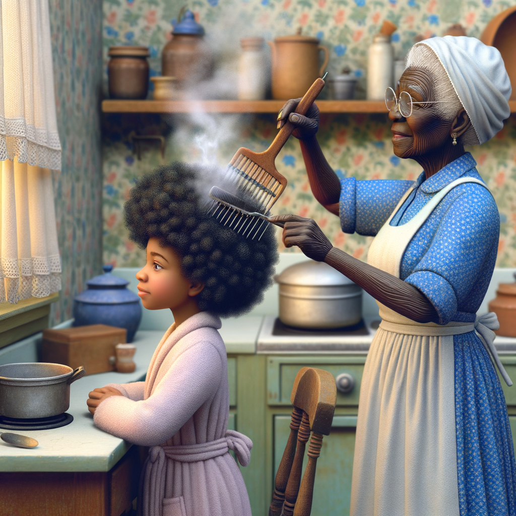 Create a realistic 3-D image of an african-American grandmother wearing a blue house dress and a white apron . She is in the kitchen with her african-American granddaughter. Her granddaughter is wearing a pink bath robe. The grandmother has a hot comb in her hand and she is straightening her granddaughters hair. One side of her granddaughters hair is in  a Afro the other straight 
There is smoke coming from the hot comb
The granddaughter is making a face