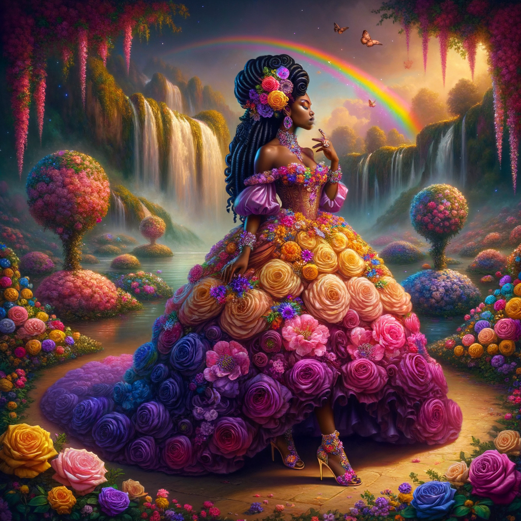 Remix Prompt
S/O Jackie Torres
S/O Panda Locke

create a animated style hyper realistic airbrush whimsical oil painting of a light African American woman wearing a flawless beautiful purple, pink, and gold blossom dress long flowing with colorful flowers and ruffles on the dress colorful jewelry made of flowers she has long black dreadlocks in a bun a colorful rose in her hair her peep toe shoes is matching her dress behind her is a beautiful waterfall liquid glowing lights beautiful colorful rainbow surrounded by beautiful roses.