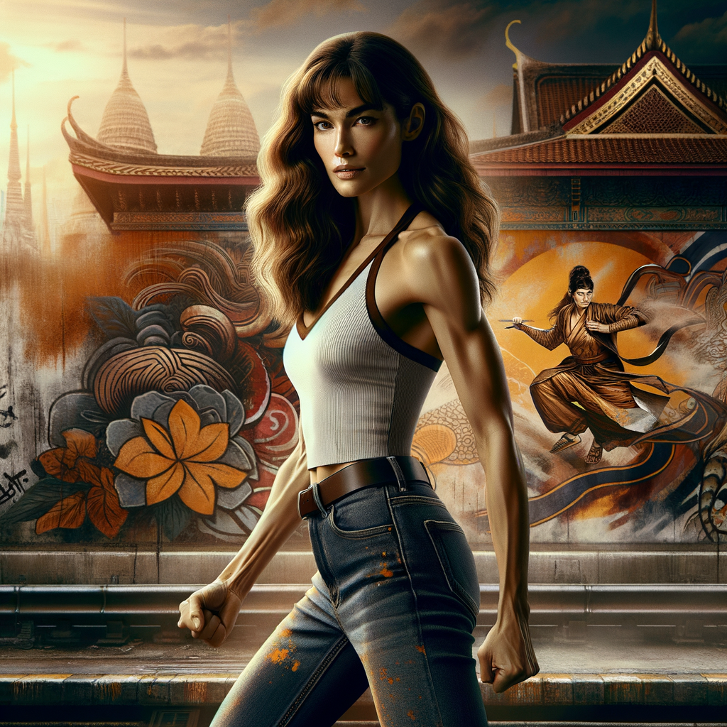 Athletic Thin skinny Attractive, Asian teenage girl, long brown hair and bangs, wearing tight skinny jeans and a halter top paint marks on her clothing, heroic pose Asian graffiti background, backside view