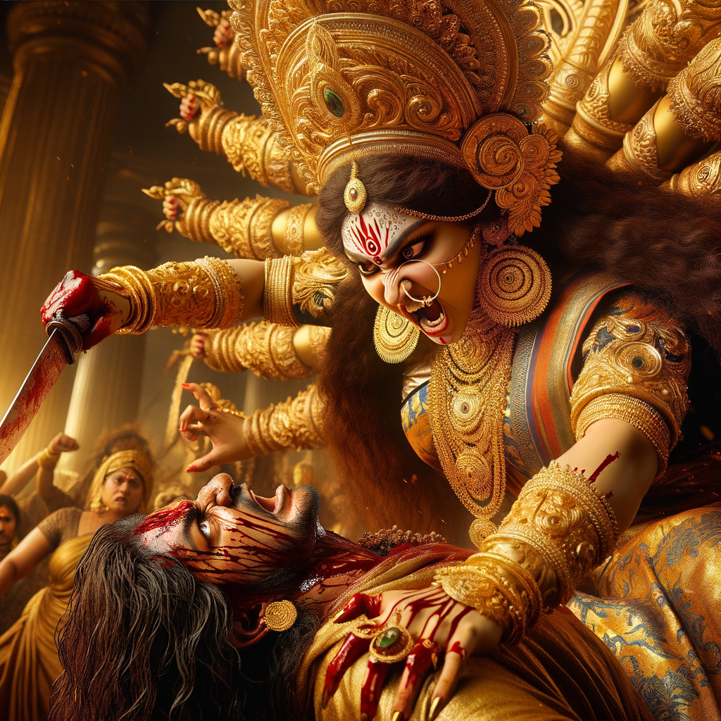 portrait of angry looking goddess durga pinning a weak mahishasur to the ground with her foot and stabbing him with her amazingly long fingernails. She is wearing gold armor, a huge gold crown, gold saree, abundant  gold jewelry, covered in blood. The scene is set in ancient India. The image is 8K resolution, photography, cinematic, ultra detailed face and epic