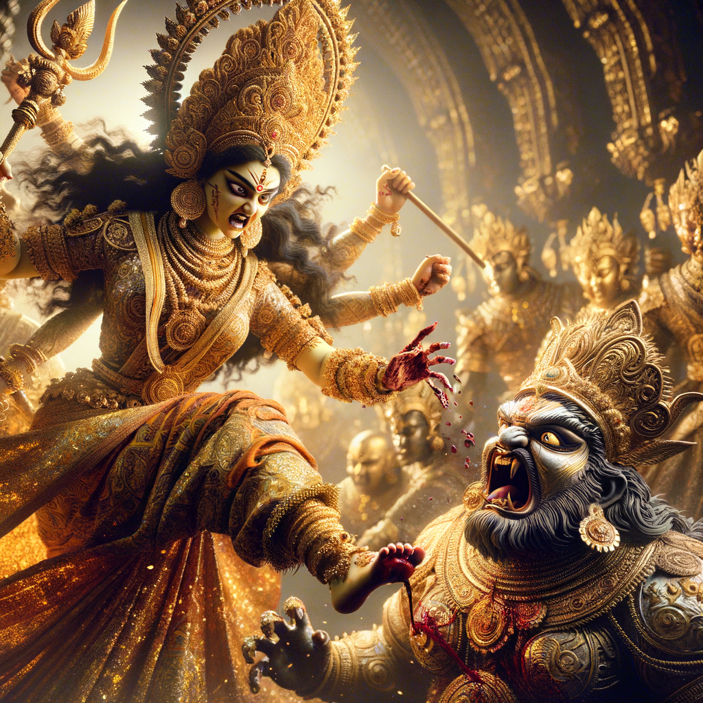 portrait of angry looking goddess durga placing her foot on a defeated mahishasur. She is wearing gold armor, a huge gold crown, gold saree, abundant  gold jewelry, covered in blood. The scene is set in ancient India. The image is 8K resolution, photography, cinematic, ultra detailed face and epic