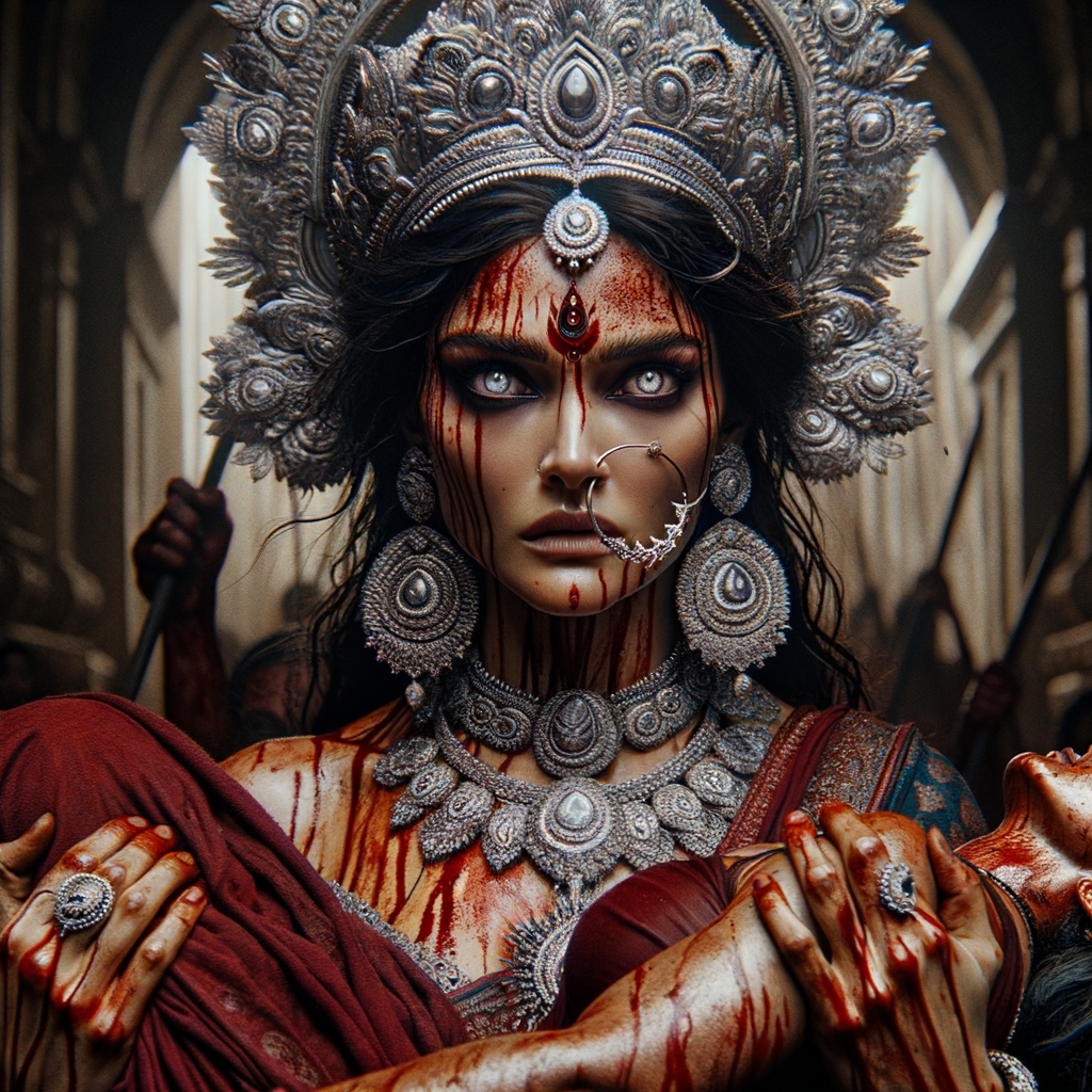 portrait of angry looking, gorgeous goddess durga cosplayer carrying a weak mahishasur in her two arms. She is wearing a huge silver crown, red saree, abundant silver jewelry, covered in blood. The scene is set in ancient India. The image is 8K resolution, cinematic, ultra detailed face and epic.