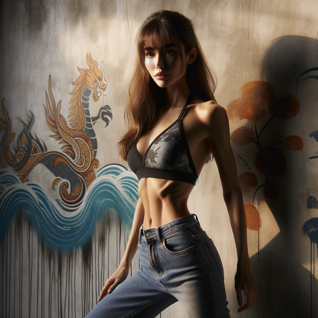 Athletic Thin skinny Attractive, Asian teenage girl, long brown hair and bangs, wearing tight skinny jeans and a halter top paint marks on her clothing, heroic pose Asian graffiti background, side view