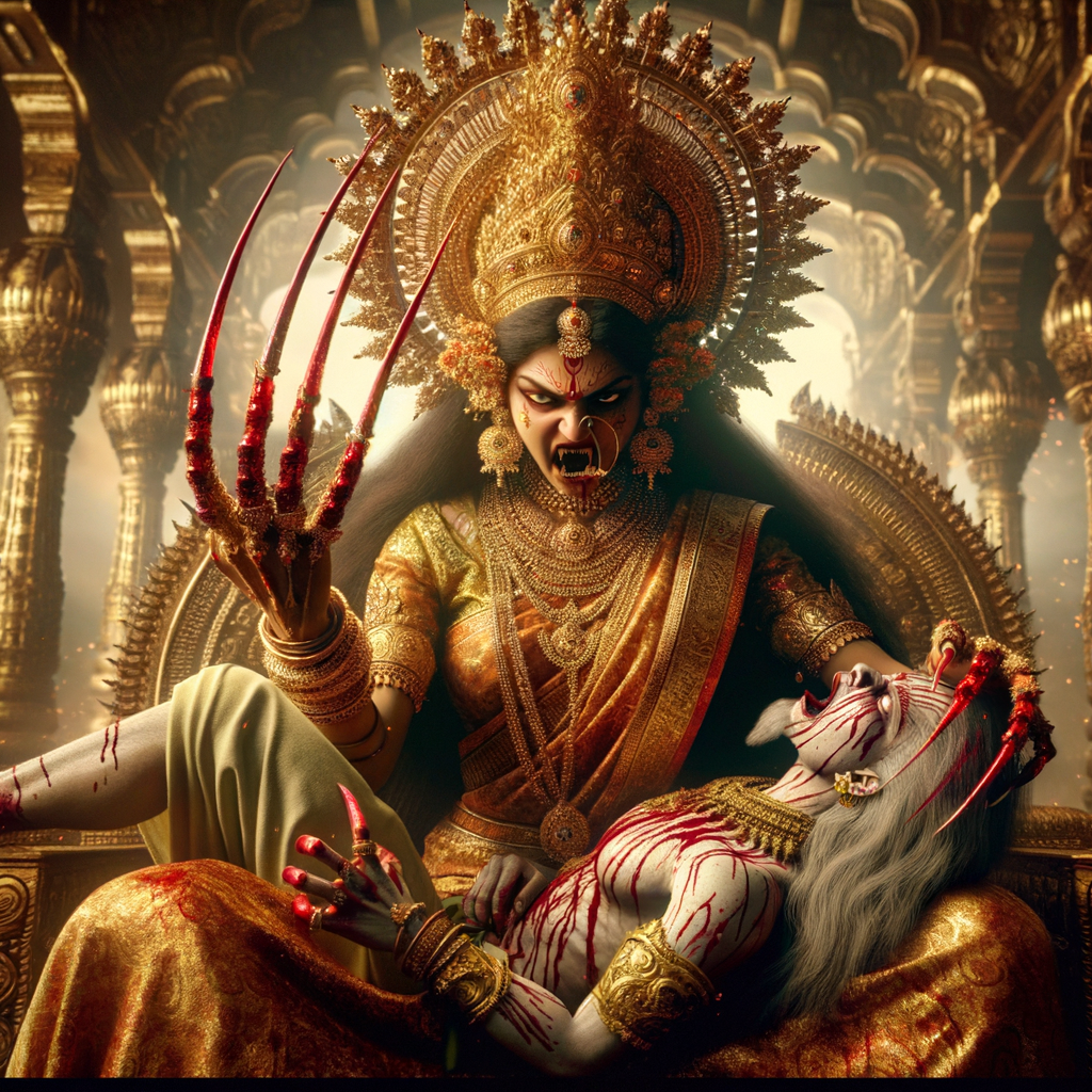 portrait of angry looking indian goddess sitting on a gold crown and carrying a weak mahishasur on her lap and poking him with her amazingly long red fingernails. She is wearing gold armor, a huge gold crown, gold saree, abundant  gold jewelry, covered in blood. The scene is set in ancient India. The image is 8K resolution, cinematic, photography, ultra detailed face and epic.