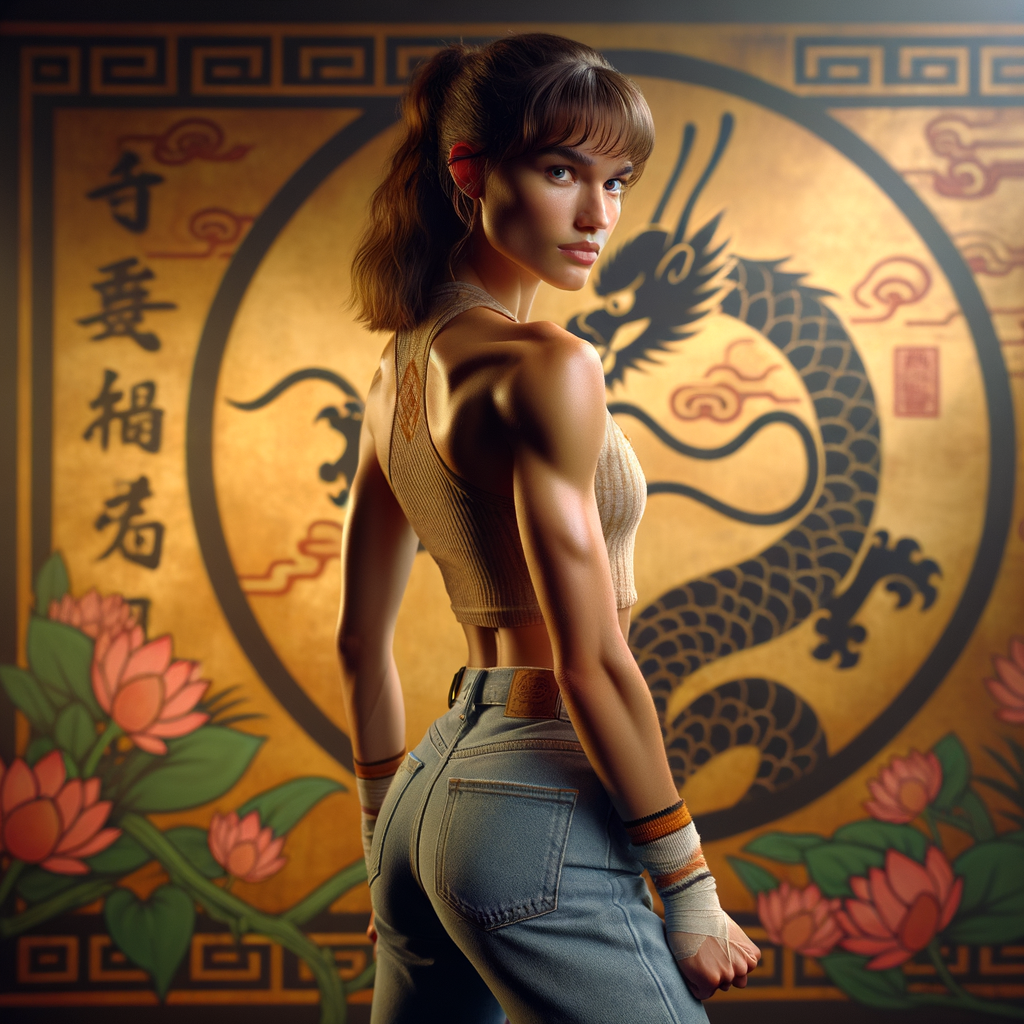 Athletic Thin skinny Attractive, Asian teenage girl, long brown hair and bangs, wearing tight skinny jeans and a halter top paint marks on her clothing, heroic pose Asian graffiti background, backside view