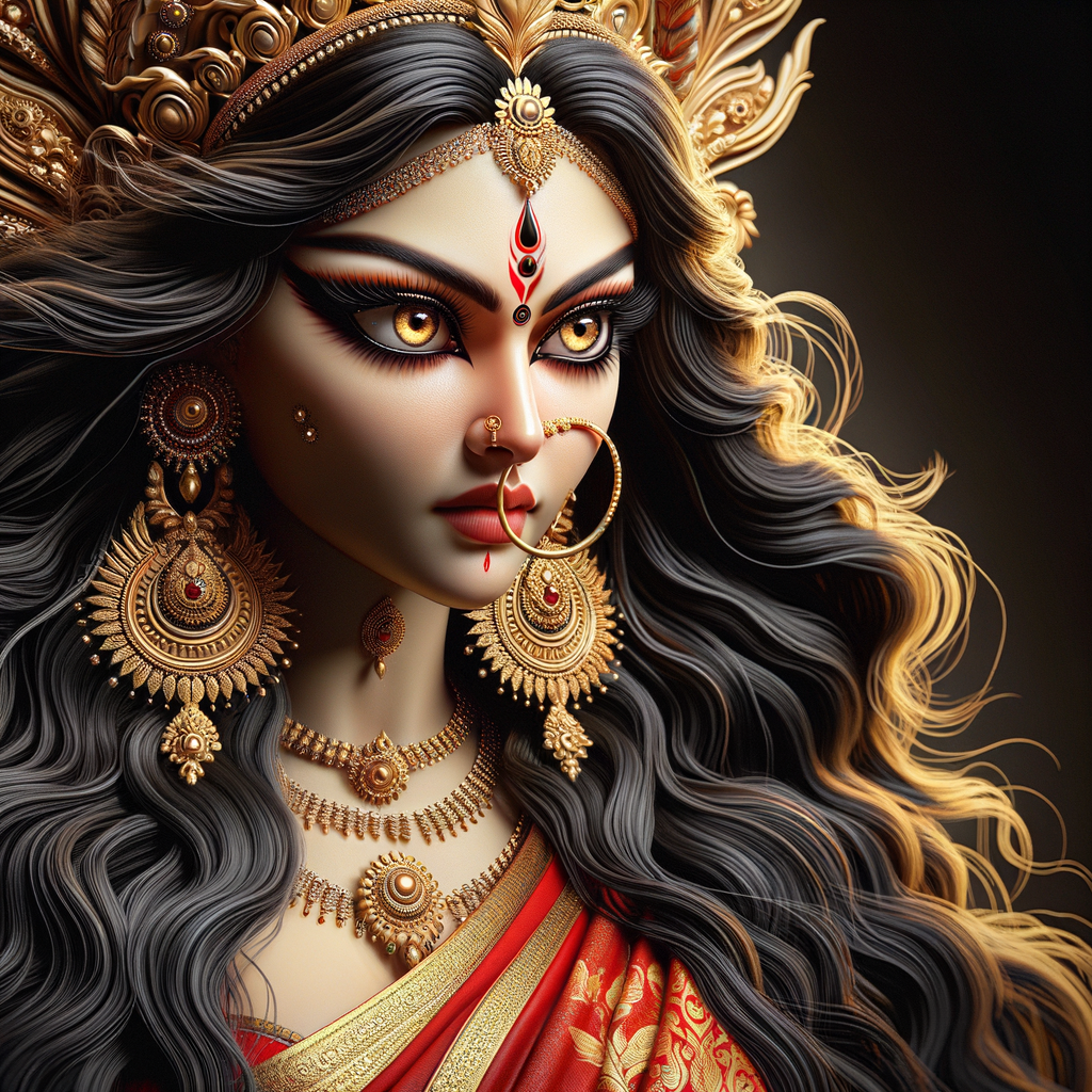 Side view portrait of  gorgeous and extremely angry goddess durga. intricately detailed depiction of a goddess. gold jewelry all over body. sharp nose, light skin, beautiful brown eyes, wavy black hair, ultra detailed face. Wearing red saree, a lot of gold ear piercings. uhd, hdr, 64k, epic, ultra detailed face