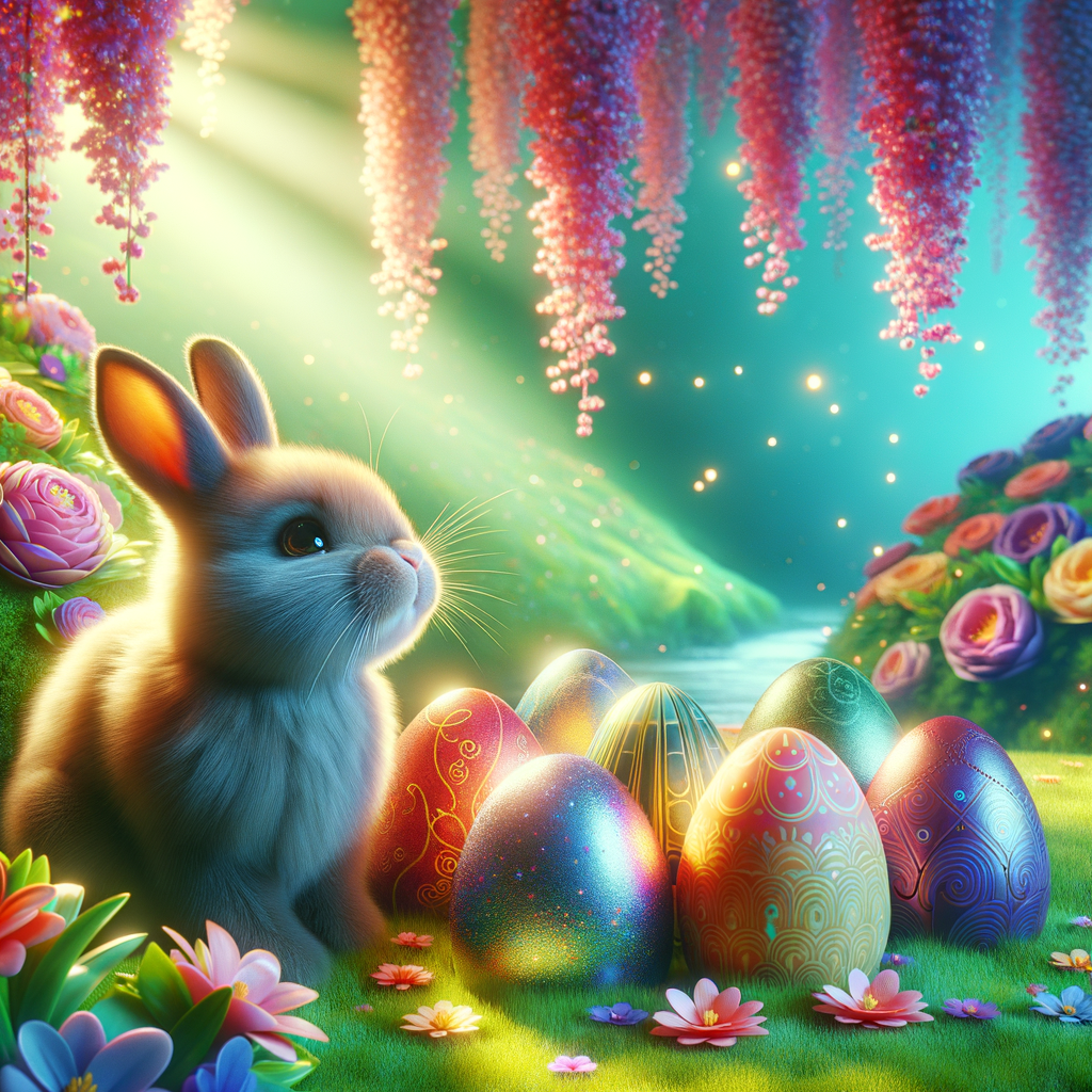 Create some ultra photorealistic images inspiring Easter, include some eggs and bunny , vivid colors, 9:16