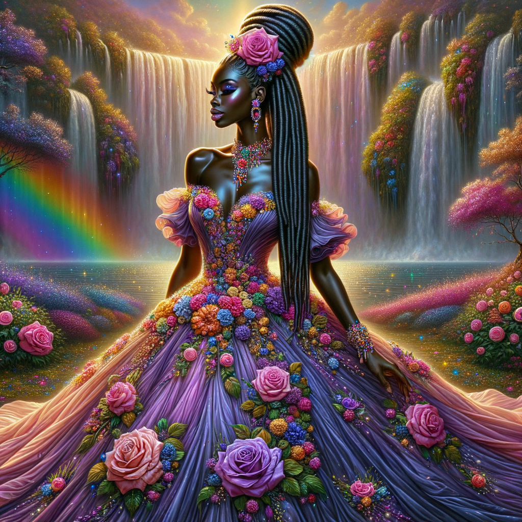 Remix Prompt
S/O Jackie Torres
S/O Panda Locke

create a animated style hyper realistic airbrush whimsical oil painting of a light African American woman wearing a flawless beautiful purple, pink, and gold blossom dress long flowing with colorful flowers and ruffles on the dress colorful jewelry made of flowers she has long black dreadlocks in a bun a colorful rose in her hair her peep toe shoes is matching her dress behind her is a beautiful waterfall liquid glowing lights beautiful colorful rainbow surrounded by beautiful roses.