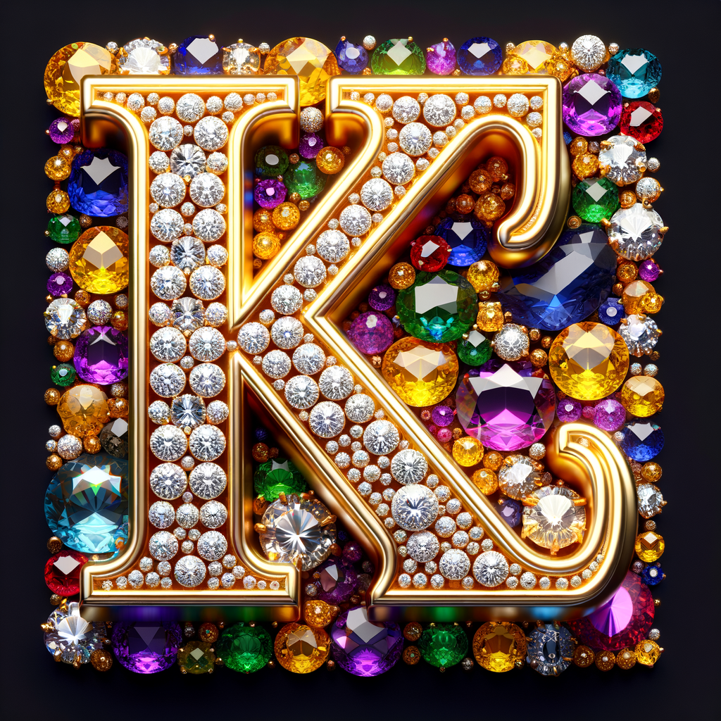 Create a 3-D realistic image with the letters  K.S. in gold raised letters , Add diamonds and colorful jewels