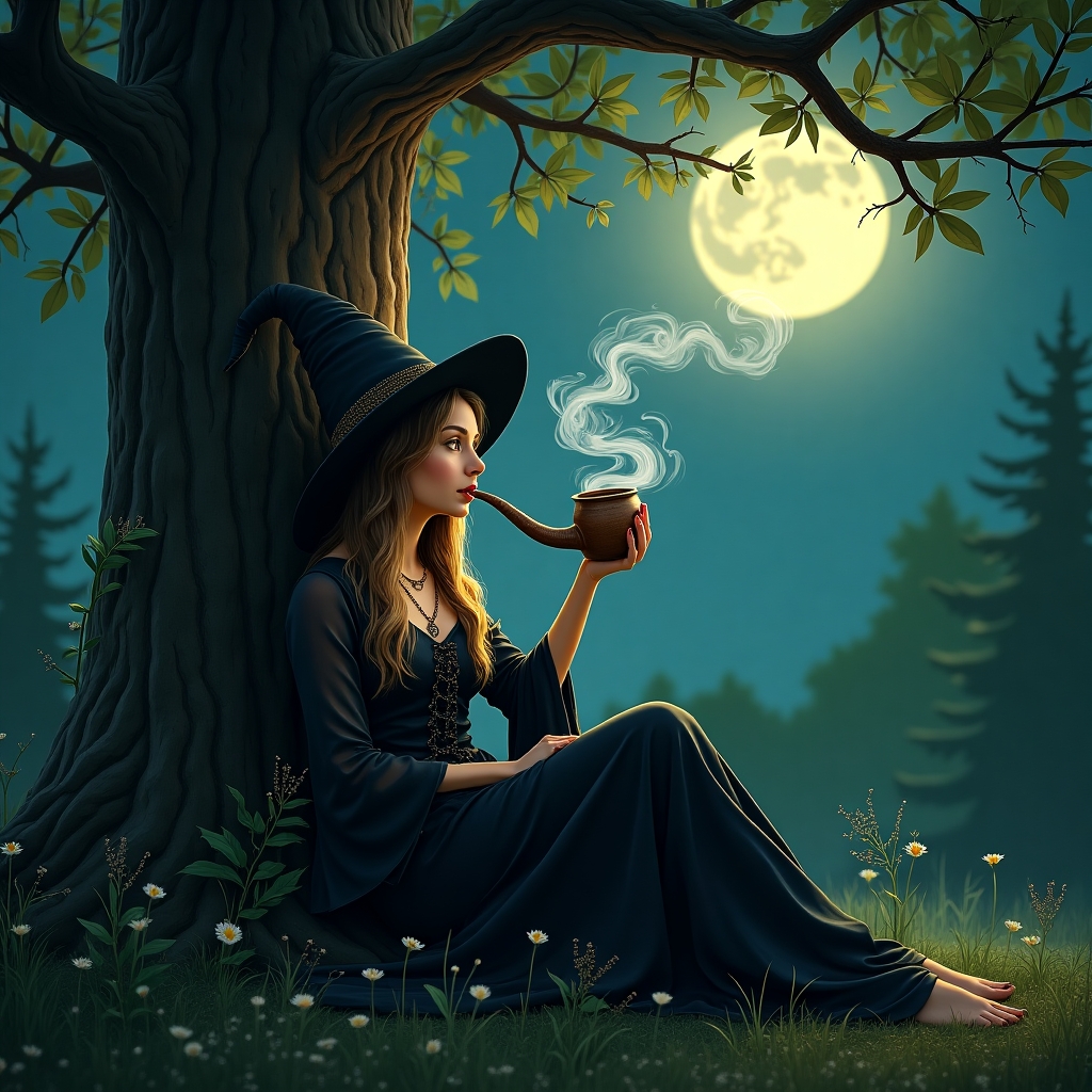 "In the heart of an enchanting forest glade, a mysterious witch reclines against an ancient tree, drawing fragrant, swirling smoke from a herbal pipe. The night air is calm, and the moonlight casts a gentle glow around her, illuminating her serene expression. Behind her, the backdrop features a stylized illustration of a five-lobed plant leaf, crafted with delicate artistry. The scene balances a sense of mystical tranquility with the natural beauty of her woodland sanctuary."