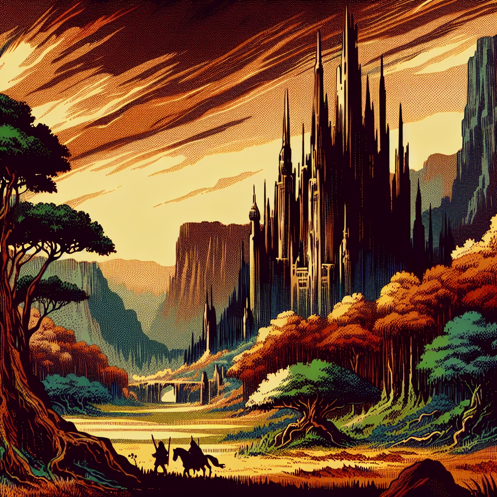 A mysterious castle in the distance, its silhouette outlined against a dusky sky. The grain and warm colors give the scene a nostalgic, 70s fantasy feel