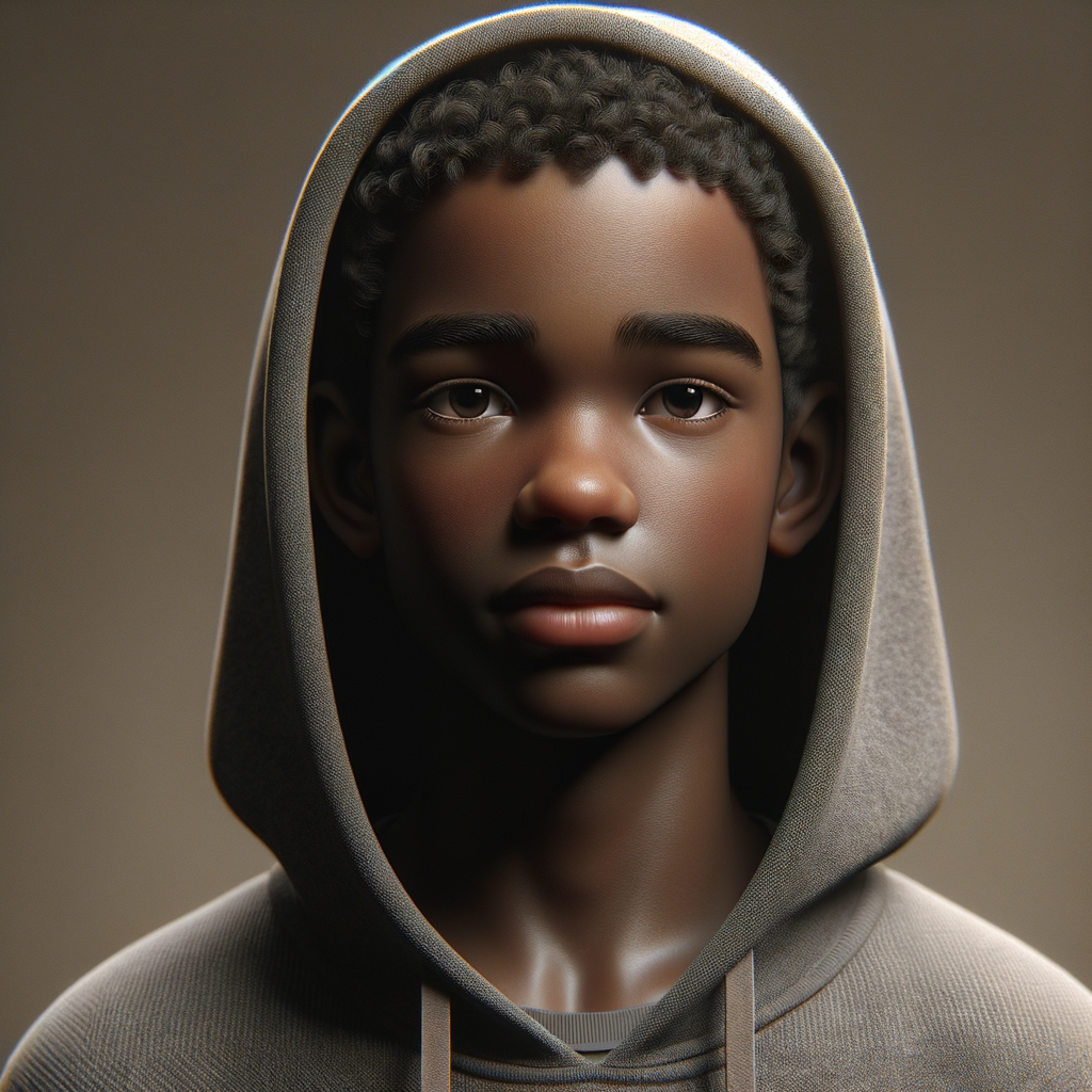 Create a 3-D realistic portrait of Trayvon Martin, wearing a hoodie