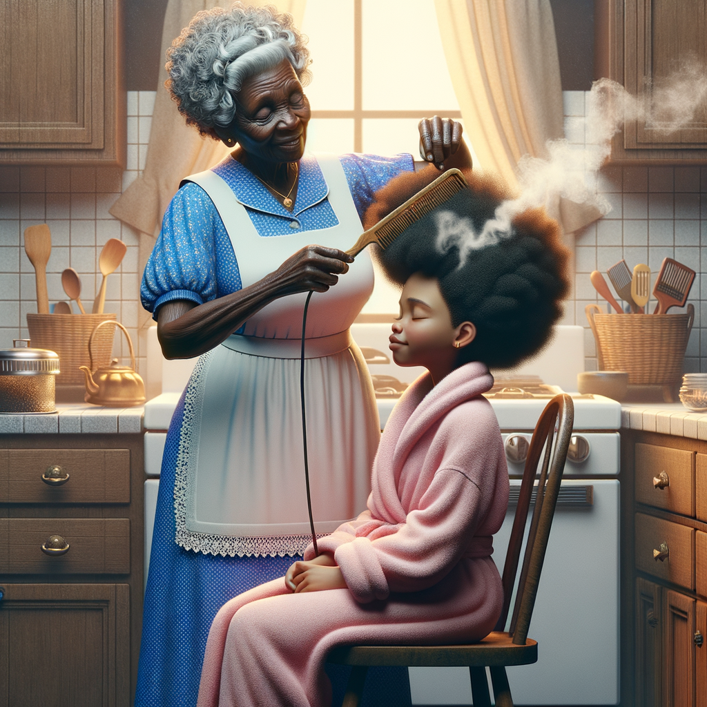 Create a realistic 3-D image of an african-American grandmother wearing a blue house dress and a white apron . She is in the kitchen with her african-American granddaughter. Her granddaughter is wearing a pink bath robe. The grandmother has a hot comb in her hand and she is straightening her granddaughters hair. One side of her granddaughters hair is in  a Afro the other straight 
There is smoke coming from the hot comb
The granddaughter is making a face