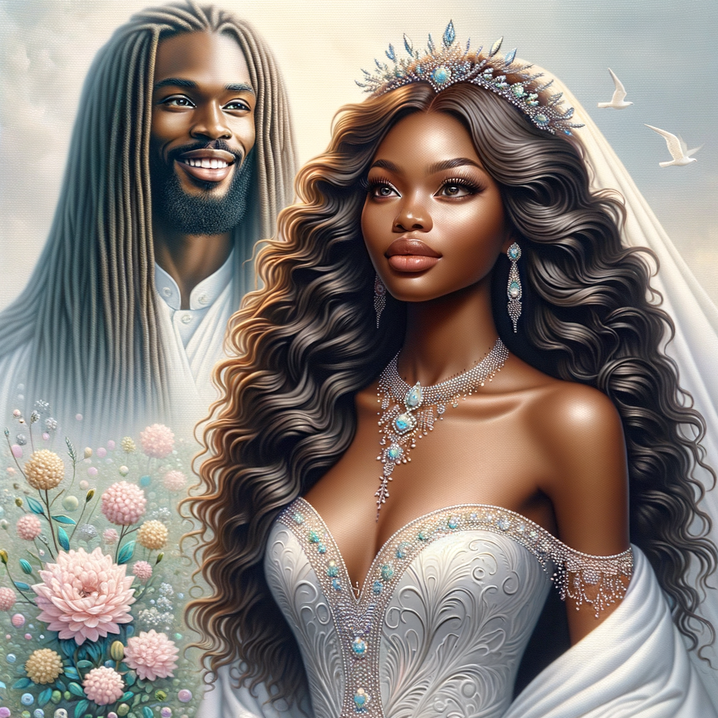 Create a 3-D realistic oil, painting of a beautiful African-American bride. She has long flooring, wavy hair and her gown has beautiful jewels around the neckline. in the background there is a beautiful African-American Jesus Christ with long dreadlocks, and he is smiling. He is very handsome pastel flowers throughout the image.