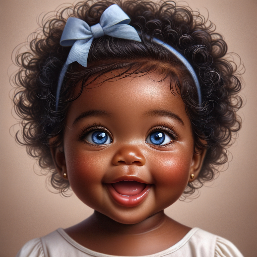 "Create a digital portrait of an adorable african-American baby girl with a joyful expression. Her big, bright blue eyes are wide with wonder, and her tiny mouth is shaped in a happy grin. Her skin has a warm, honey-brown tone, and she has an abundance of curly black hair, playfully tied up with light blue bows. The background is soft and neutral to keep the focus on her delightful features. The portrait should be vibrant and heartwarming, celebrating the innocence and charm of childhood."