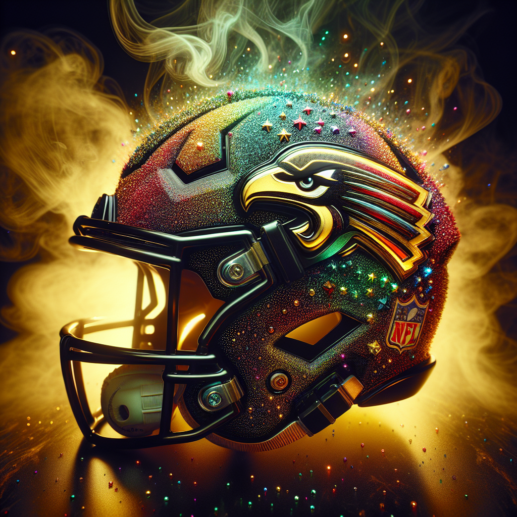 pretty glitter filled black outlined vividly  colored helmet with the Kansas City chiefs  football team logo and colors placed centrally with the team name written in bold graphic font Kansas City chiefs  the back  ground is smokey and gold