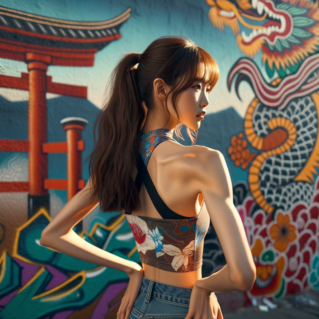 Athletic Thin skinny Attractive, Asian teenage girl, long brown hair and bangs, wearing tight skinny jeans and a halter top paint marks on her clothing, heroic pose Asian graffiti background, backside view